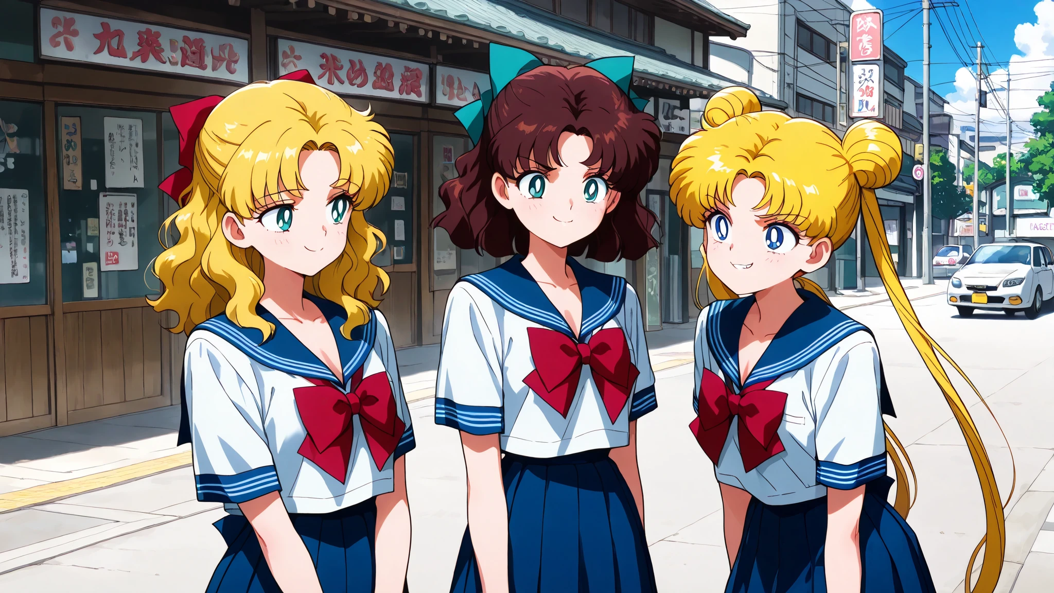 masterpiece,best quality,amazing quality, smug, with friends, brown hair, medium hair, wavy hair, teal hairbow, teal eyes, summer japanese serafuku, small breasts, tokyo, detailed background, intricate details, day, (ultra sharp, beautiful detailed face, dynamic shadows, Super Detailed, extremely detailed face) and friend (aausagi, blonde hair, double bun, long twintails, long hair, bangs, blue eyes, summer japanese serafuku, red bow, blue skirt)
