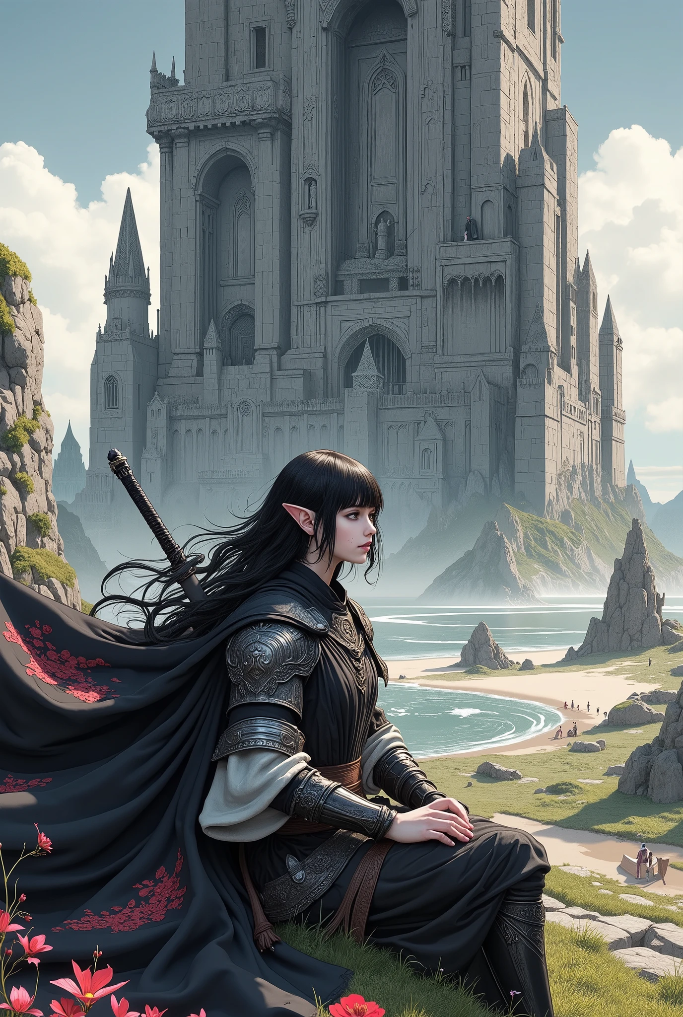 (Ultra-detailed face, Looking away, Gothic Illustration, Dark tone colors. She has five fingers on her hands and five toes on her feet.), BREAK
(On a hilltop against a backdrop of a great sea and shining sun. There is a huge old standing stone figure, blindfolded and holding a balance as an offering, presiding over justice.), BREAK
(A young female Elven swordsman sits at the foot of the stone statue, eyes downcast, lost in thought. She carries a large sword in its scabbard, slung across her back.), BREAK
(The elven female swordsman has black hair, white eyebrows, blunt bangs, very long wavy hair, small pink lips, lavender eyes, clear white skin, and thick eyeliner.), (She wears armor with reliefs of silver flames. Her cape of black silk with red wolves embroidered on it flutters loudly in the wind.)