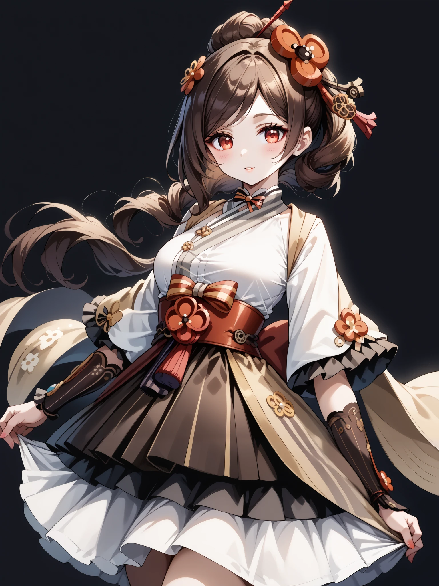 score_9, score_8_up, score_7_up, source_anime, 4K,perfect fingers,(perfect hands, perfect anatomy),prefect lighting, very aesthetic, intricate details,highly detailed background, masterpiece, high quality, best quality,
1girl,Solo,genshinchiori, chiori, brown hair, hair ornament, red eyes, flower, hair flower, large breast,
wearing ((steampunk design,Her attire includes a light beige/cream-colored top with brown accents detailing and stitching reminiscent of gears and cogs, She wears a brown lace-edged steampunk-inspired under-skirt with decorative details, )),,
((White plain background:1.5)) , ((White plain background:1.5)) , She's posing with her body angled toward the viewer, her gaze directed slightly to the viewer's right, The visual focus is on the woman and her costume, The lighting is bright and highlights the costumes' textures and details,