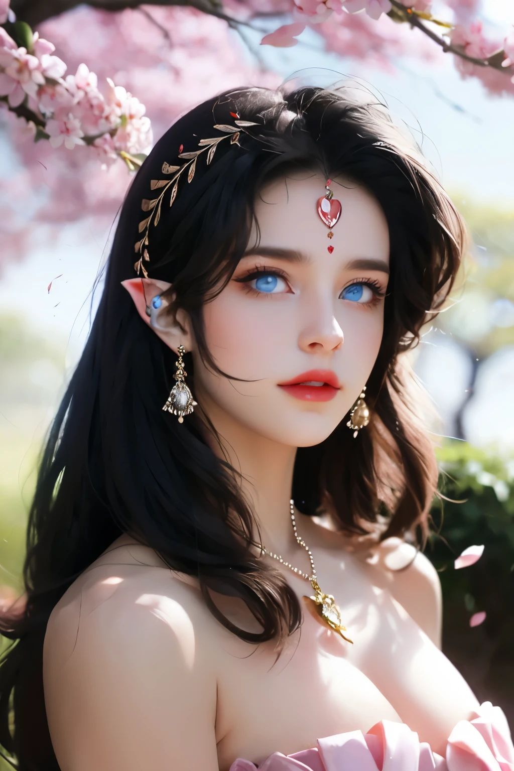 One 20 year old girl, breast 1.1,bare shoulders, hand in own hair,(mature female),milf, medusa, deep blue eyes, jet black long hairs, 8k resolution high quality,background: around the garden surrounded by Sakura trees with fluttering sakura petals, from head to thighs, hourglass figure, bare round shoulders, exposed midriff, an ornamental tilak on her forehead,ornamental logo on her forehead, ornamental snake crown, ornamental necklace, earings, long black hair bangs, pointy ears,ornamental bracelet,Bright lightening under the sun through sakura canopy. High quality 16k resolution,( HDR :1.5), cinematic look, ultra-detailed,ultra lightening, (photorealistic :1.2), long thin straight eyelashes, sharp eyes, diamond shaped head, straight nose, closed heart shaped lips