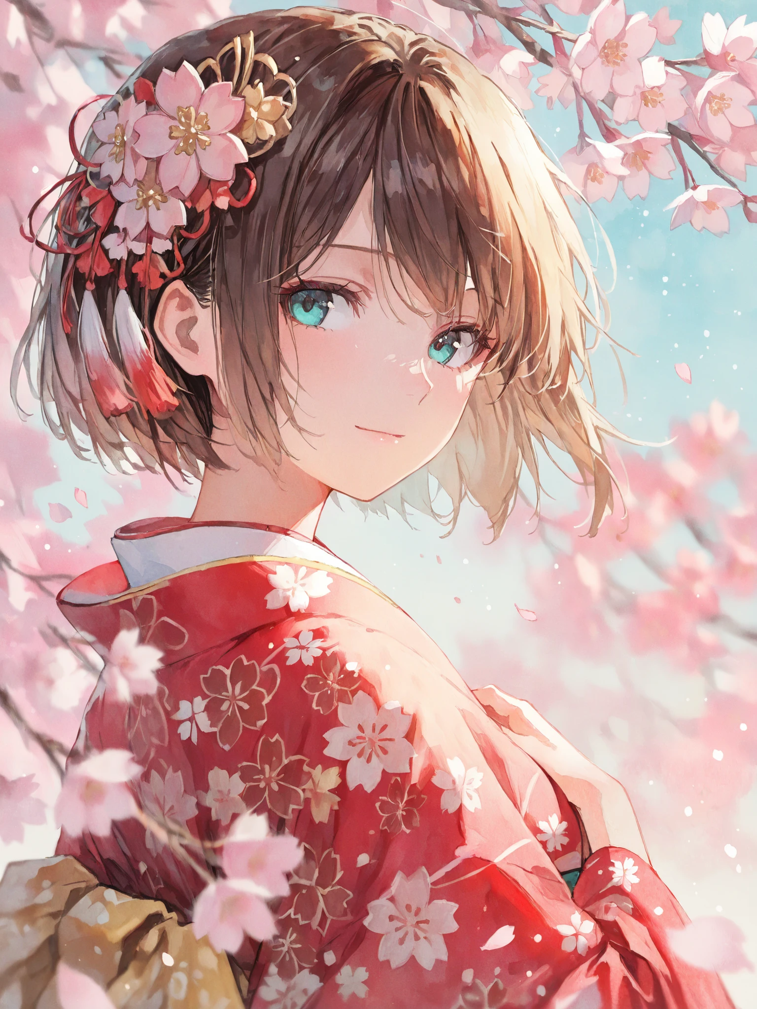 ultra-detailed illustration of 1girl, solo, brown short hair, aqua eyes, red kimono with traditional Japanese patterns, hair ornament, portrait, upper body, looking back, hand on chest, sakura, fluttering petals, depth of field, light smile, watercolor, masterpiece, best quality, beautiful and aesthetic art, light particles, wind