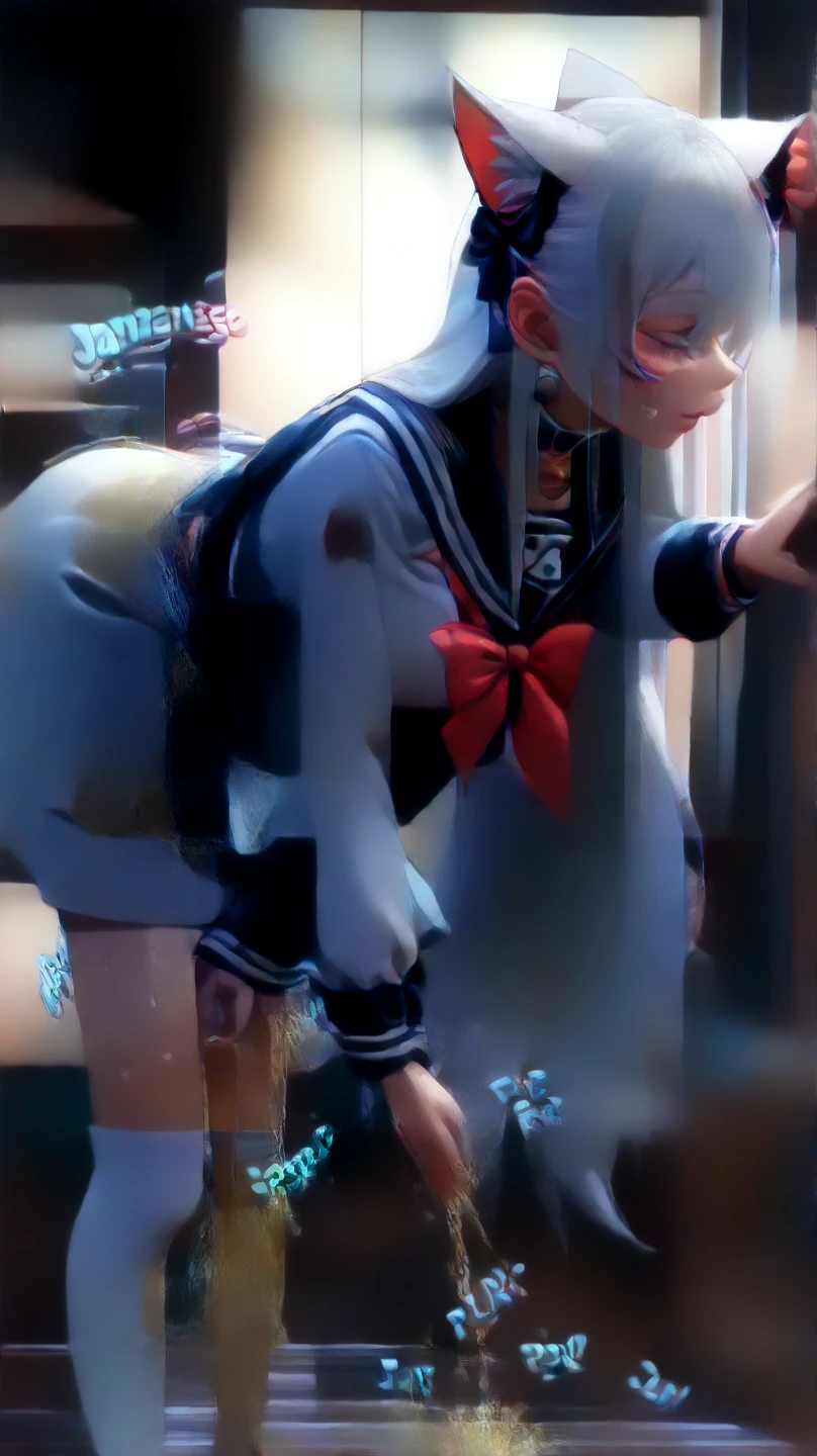 (Red ribbon on hair band:1.2),Browsing Caution, 1 Girl, (7 years old :1.4), Focus Only, Rear View, (From below:1.4),
blush, (Small, tiny hips), Thin ass, Thin thighs, (Blue cotton panties:1.2),Striped pants,skirt、uniform、JK.
(Kneel, On all fours:1.2), (Looking Back, Looking at the audience:1.4), (Stick your butt out:1.2),
locker room、Change clothes、Dutch Angle、Grin、cold sweat、Thick lips、Physical restraints