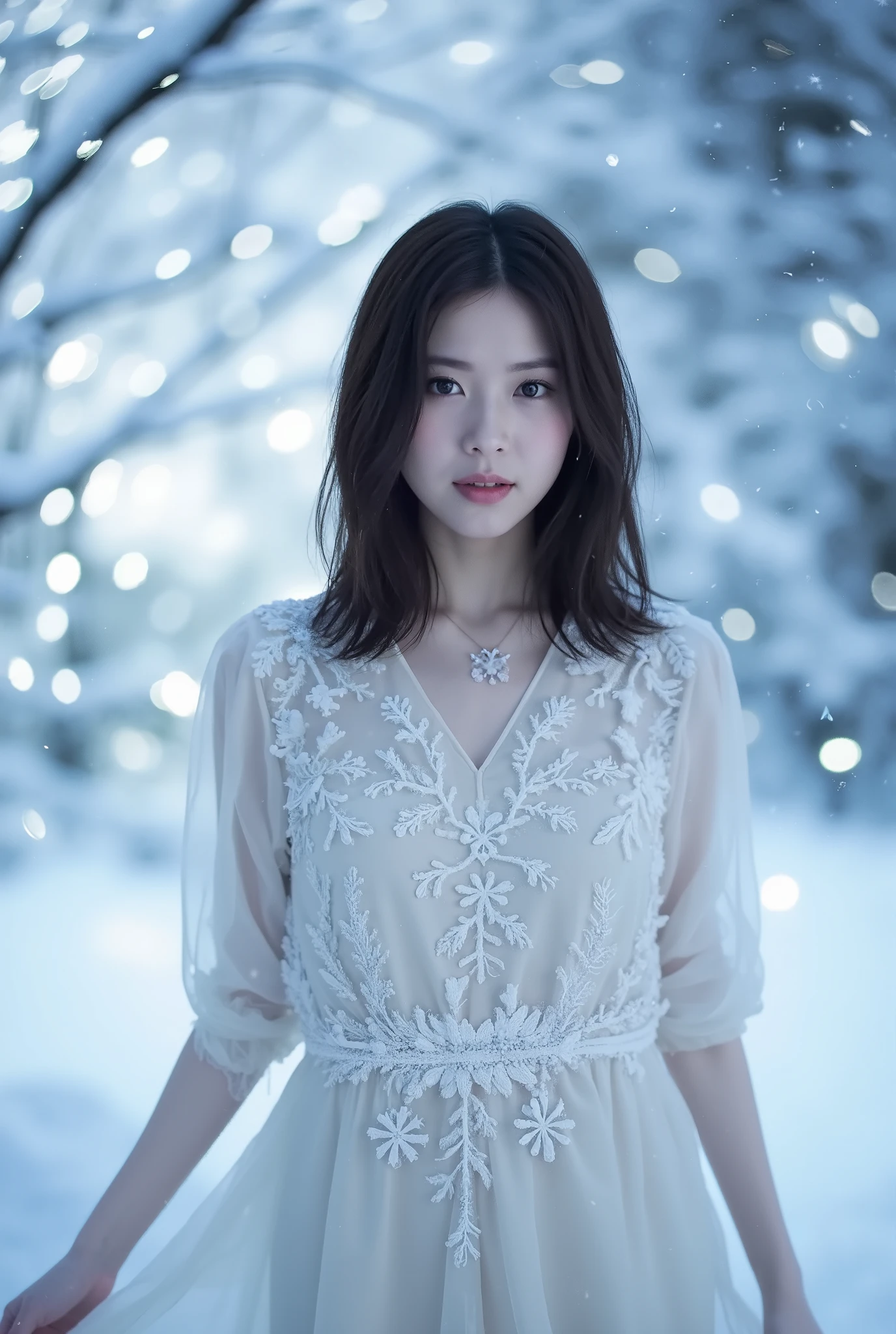 Create an enchanting scene featuring a beautiful Japanese idol girl with fair skin, standing gracefully. She has medium-length straight hair and is wearing a stunning dress adorned with snowflakes. The background is a magical snowy landscape, filled with gently falling snow and sparkling lights that enhance the fantastical atmosphere of the snowflake world.