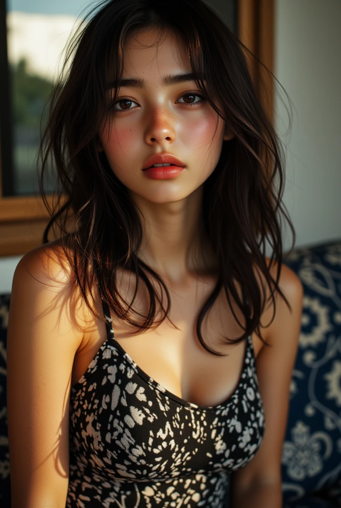 (Black knit dress:1.2),gal, (anatomically correct),eye shadow, fluffy long hair, messy hair,masterpiece, highest quality, Raw photo, Photoreal, face, incredibly ridiculous, beautiful girl, cute, dull bangs, Depth of written boundary, High resolution, 超become familiar withな, become familiar with, ighly become familiar withd, extremely become familiar withd eye and face, sharp pupils, realistic student, sharp focus, cinematic lighting, pale and tanned skin,alone,woman,(panties:1), (micro mini skirt:1.2),baggy socks,wide hips, ((sensual;1.5)), Glamour, big breasts,Sunburn marks on tanned skin