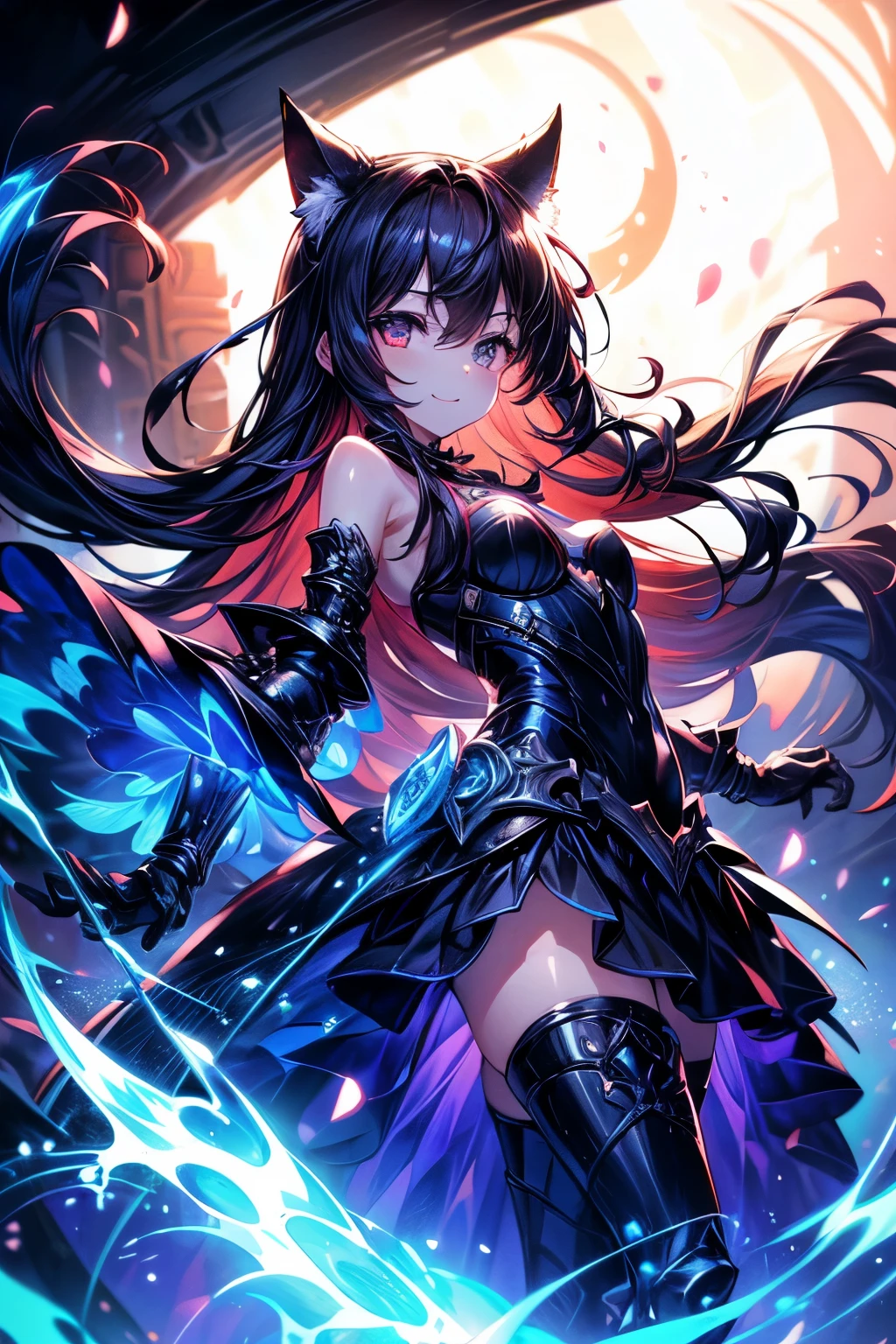 (((masterpiece、Highest quality、Hi-Res、16k))) (1 woman)、
Armed Girl、black armor、Black Gauntlet、Shin guards、Cat ears、 serious expression、red eyes、 dark hair、long black hair、Devil's Wings、(Red Blade Sword:1.5)、Moonrise Night: Mysterious red carpeted gothic castle、
Dignified Photos 、 front view、smile, anime風, from very high, fluorescence, anime, lens flare, ((全身 front view))、(very detailed:1.5)