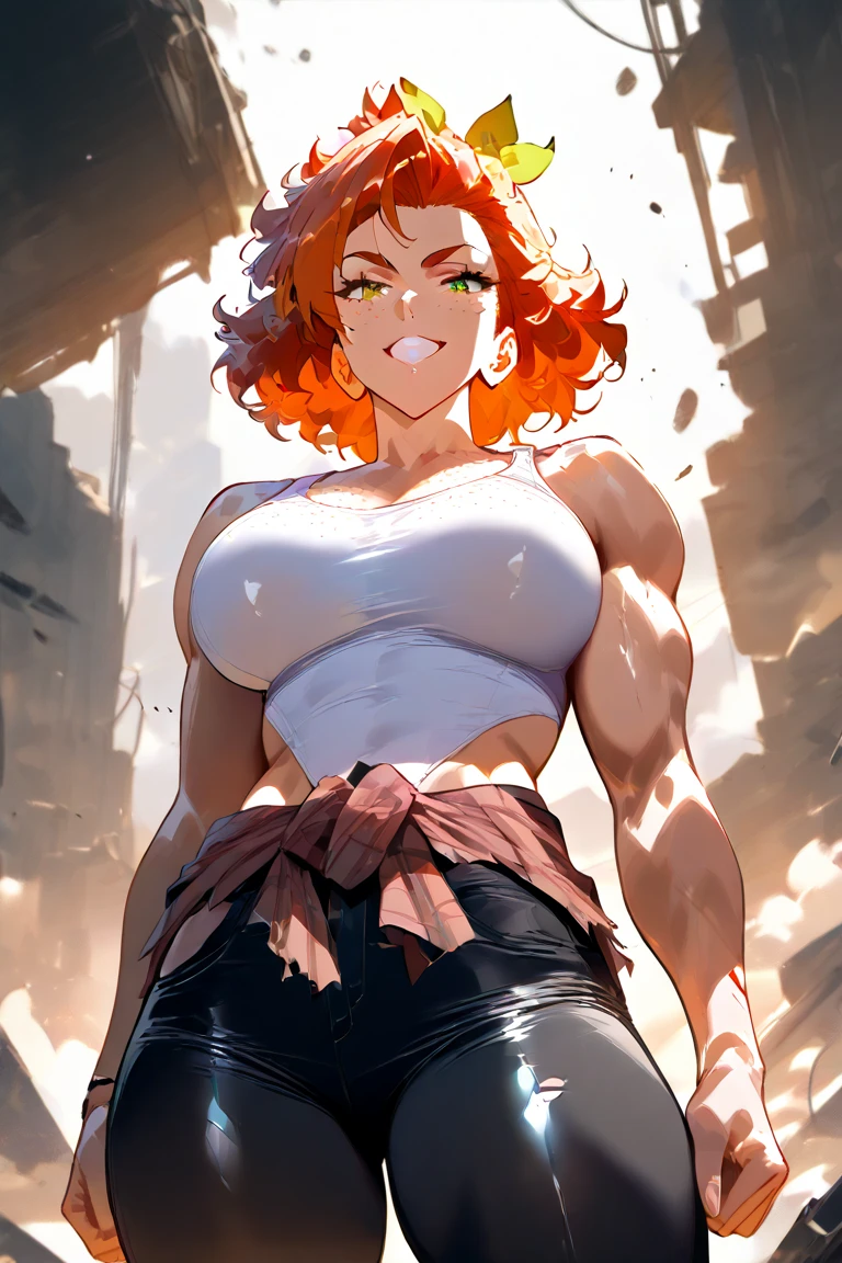 ,High quality,Female ,((,hair covering eyes,fluffy hair,short hair,serious)),(muscular,breasts),solo,orange hair,toned,Earrings,Curvy legs,2 arms,pearl necklace,jeans,Belt,black tank top ,underboob,side street,night,boots,