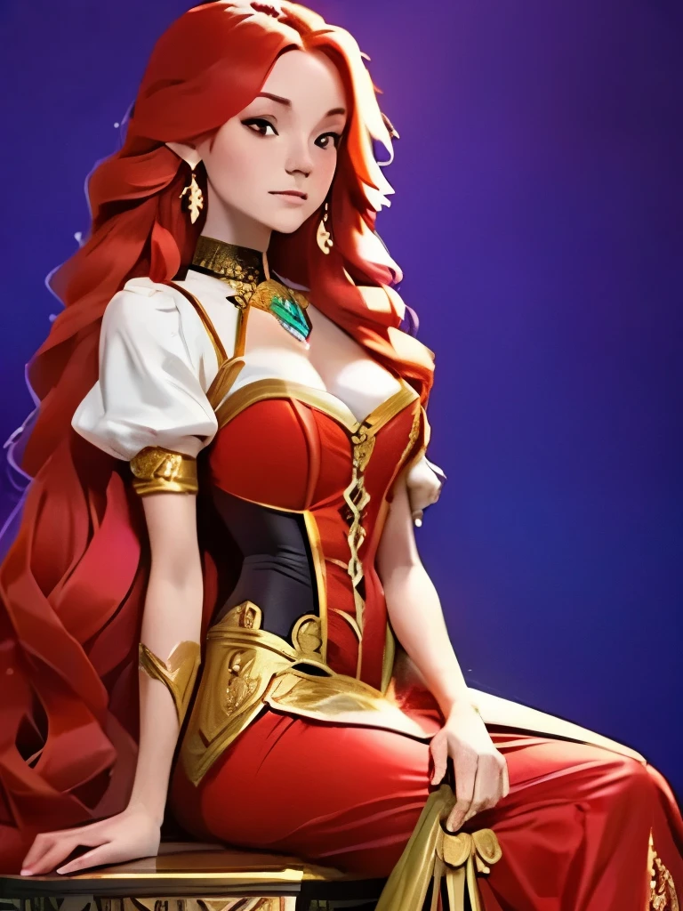 a woman with red hair, pele caucasiana, gold necklace in the shape of a stele, a mage, elegant dress with gold details