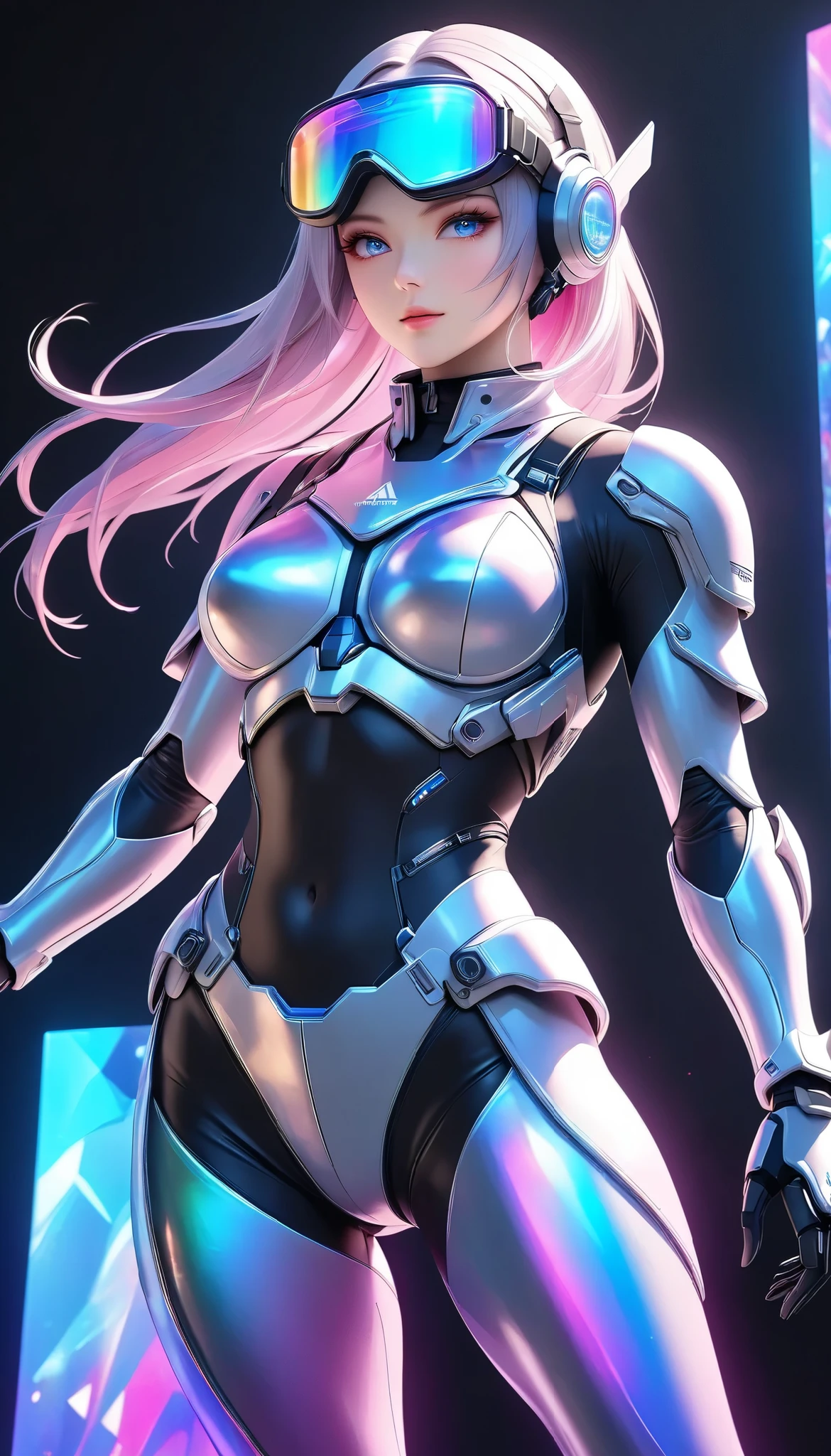 extremely detailed quality, super image quality, New OC model \Atlas\, vivid 3D character, dynamic action, Alone, Tight Battle Suit, Holographic Light Armor, Phantasmal iridescent effect, transparent neon art, best quality, Ultra Fine, 4K, 8k, digital art, extreme score,