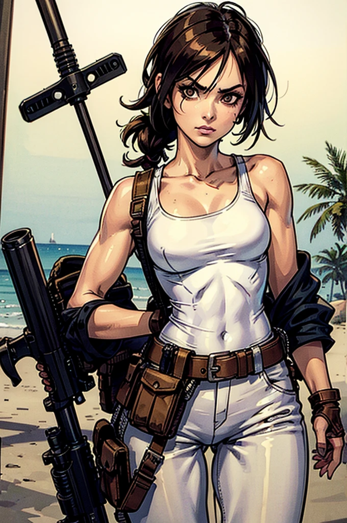a military woman, well trained body, white sleeveless t-shirt, Exposed collarbone, beige leather shelter, blue pants, two leather belts with gun pockets, dark brown hair, carving, Brown eyes, hazel left eye, left eye with a scar, beach shore, at daytime, fighting position, fighting position taekwondo, staring menacingly at the viewer, sharp eyes, threatening expression looking at viewer, sparkling beach, palm trees around, In a post-apocalyptic environment, post - apocalyptic cowgirl, Post - Apocalyptic style, Post apocalyptic clothing, pose, post-apocalyptic, Postapocalyptic style, post apocalyptic grunge, Post - Apocalyptic Scavenger. (Ultra quality) 8k quality, detailed, perfect light, perfect angle, perfect sharpness. Boromey Meas Sparkles