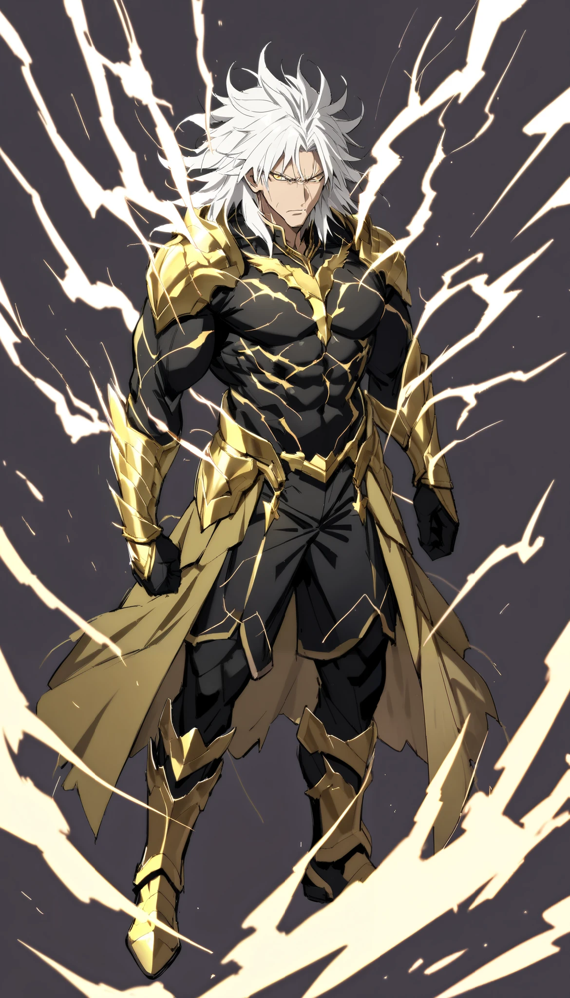 (((Highest Quality))), (Simple background), single, fullbody, male, adult man, 45-year old, muscular body, tall, white hair, messy hair, short hair, mane, yellow eyes, military outfit, black armor, golden gauntlets, thunder