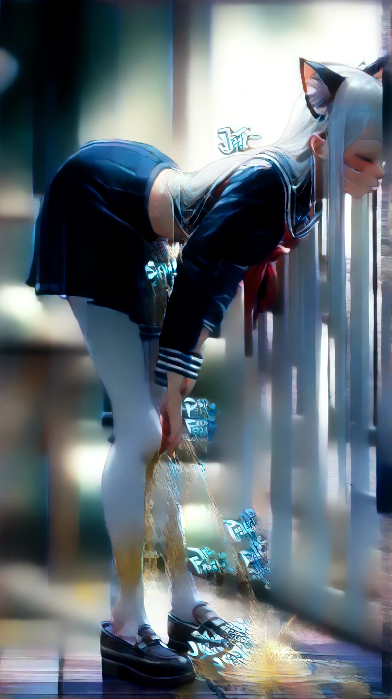 School uniform, female anime girl, (White long  hair:1.5), (Cat ears:1.3), (sweaty:1.2), (leaning forward standing:1.5), (motion line:1.5),  ( stain:1.5), (Japnese sound effects:2.0), (Japnese sound effects:2.0),