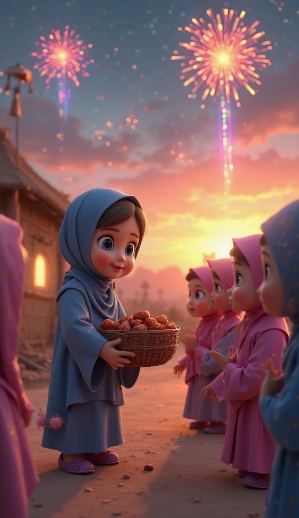 3d cartooN 
"A  girl wearing a hijab is distributing a Basket of dates among ten Group of other babyls, all wearing hijabs, . They are in a peaceful village setting with traditional houses in the background. The evening sky is lit up with colorful fireworks, creating a festive atmosphere."
