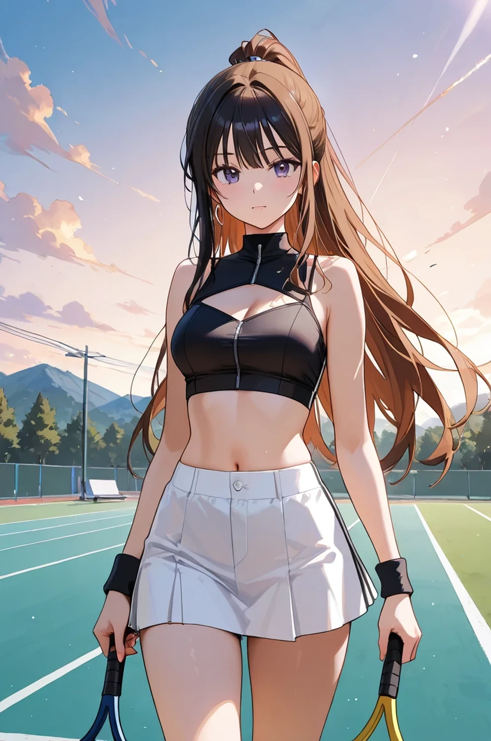 Atmospheric landscape, an arafite asian woman wearing a black top and white shorts walking on a tennis court, wearing a sexy cropped top, beautiful Korean woman without pants, が wearing crop tops 人, Korean idol, Korean girls, Nam Jae-yeon, が wearing crop tops 人 and miniskirt, wearing a cropped top , wearing crop tops , Jung Hwa-choi , Park Ji Min , wearing a cropped top