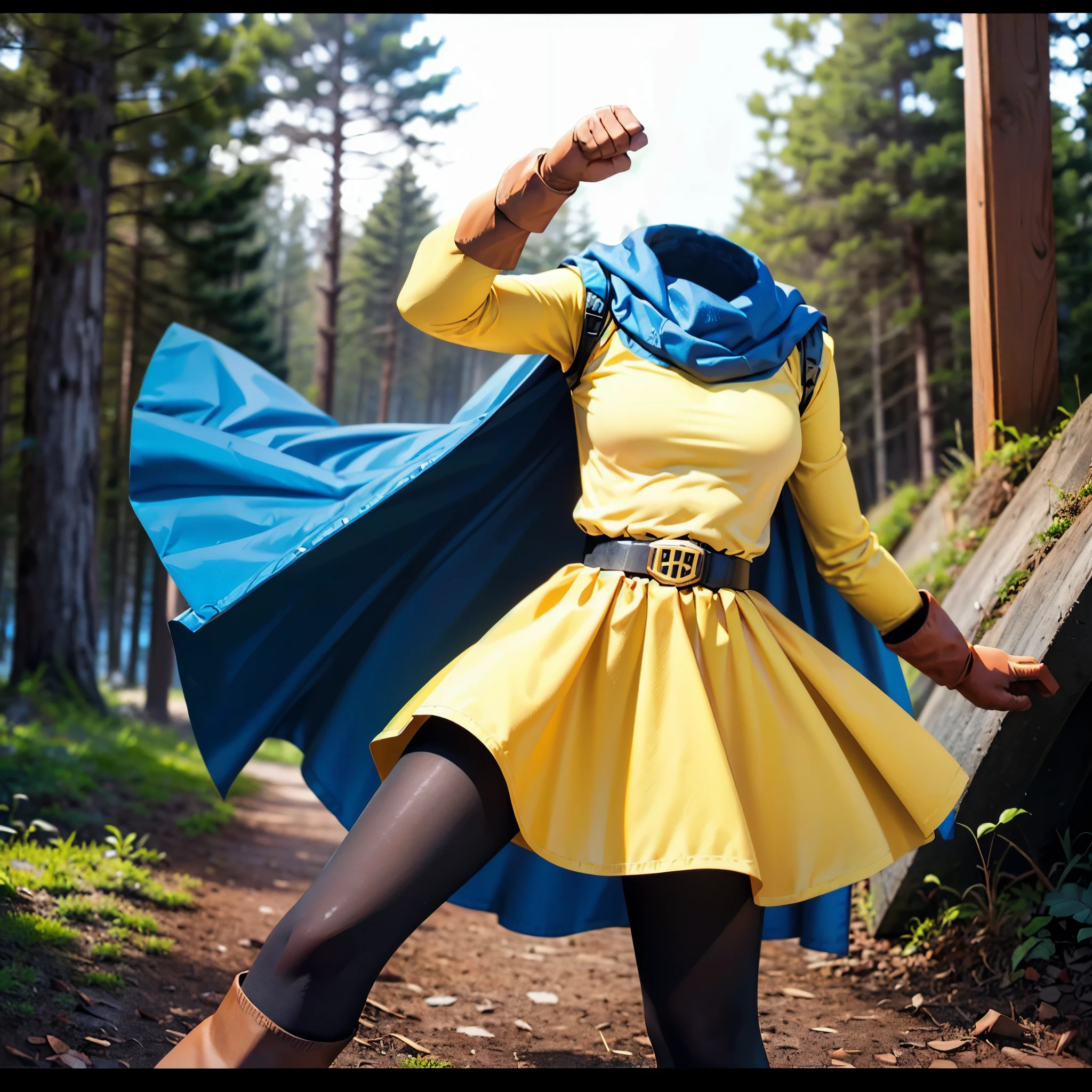 (8k, RAW photo, best quality, masterpiece:1.2), (realistic, photo-realistic:1.37), photon mapping, radiosity, ((Hasselblad photography)), physically-based rendering, (invisible, no humans, headless, faceless:1.5), yellow dress, cape, pantyhose, gloves, belt, black pantyhose,blue cape,boots,sleeveless,yellow dress,yellow skirt, dq4-alena, (close-up shot of breast), in forest, long sleeve, fighting pose