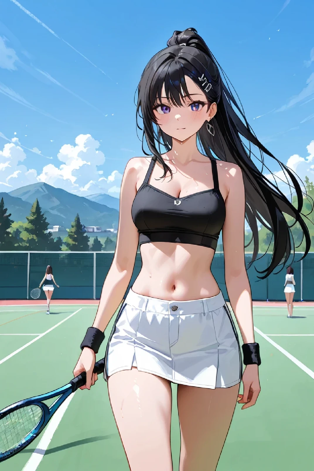 Atmospheric landscape, an arafite asian woman wearing a black top and white shorts walking on a tennis court, wearing a sexy cropped top, beautiful Korean woman without pants, が wearing crop tops 人, Korean idol, Korean girls, Nam Jae-yeon, が wearing crop tops 人 and miniskirt, wearing a cropped top , wearing crop tops , Jung Hwa-choi , Park Ji Min , wearing a cropped top