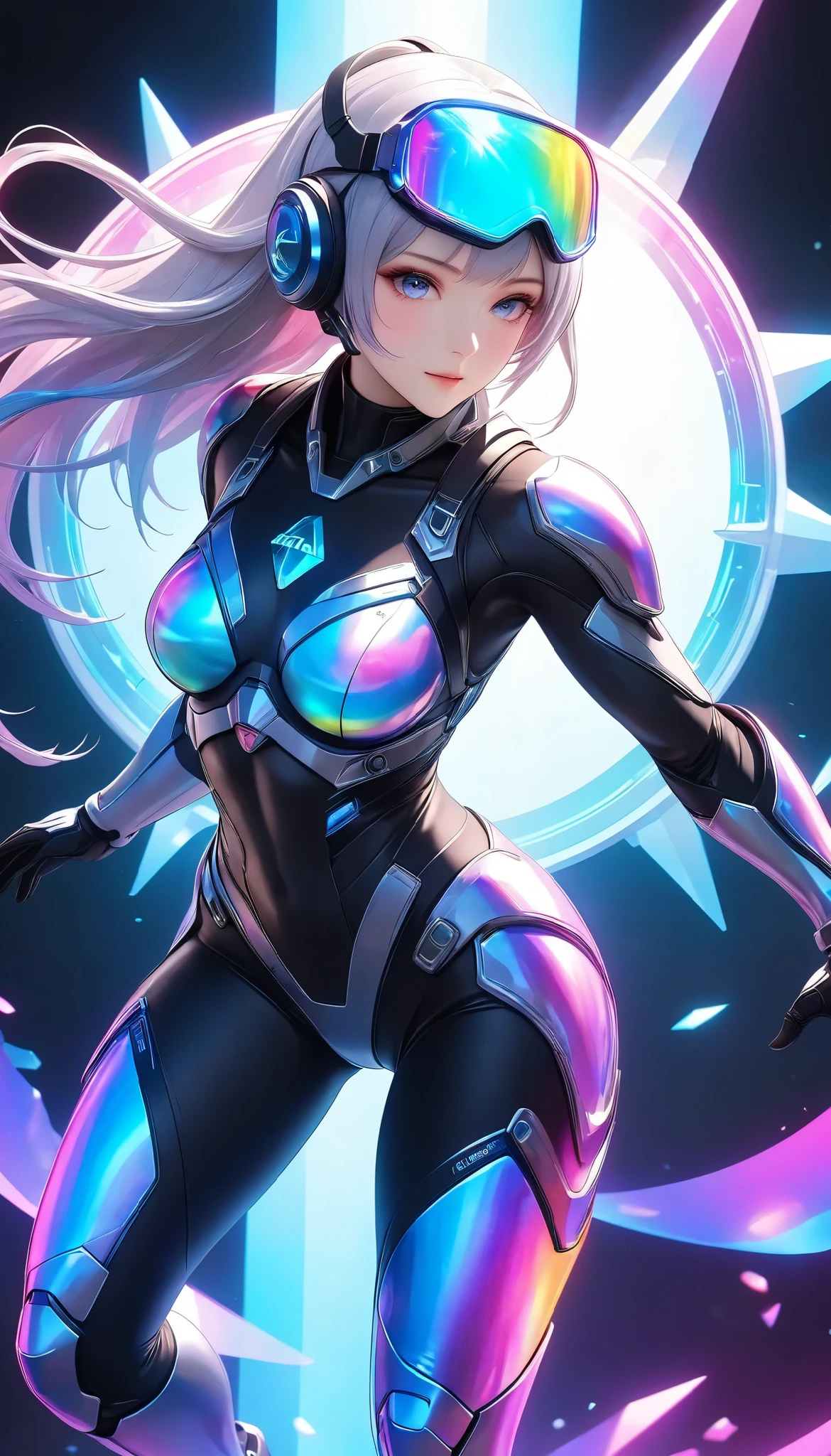 extremely detailed quality, super image quality, New OC model \Atlas\, vivid 3D character, dynamic action, Alone, Tight Battle Suit, Holographic Light Armor, Phantasmal iridescent effect, break (whole body in frame, dynamic), transparent neon art, best quality, Ultra Fine, 4K, 8k, digital art, extreme score,