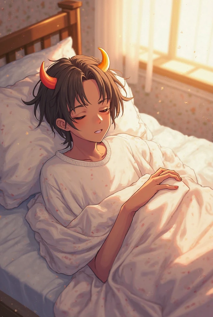 a girl with short red hair with horns sleeping in a fetal position on a white bed