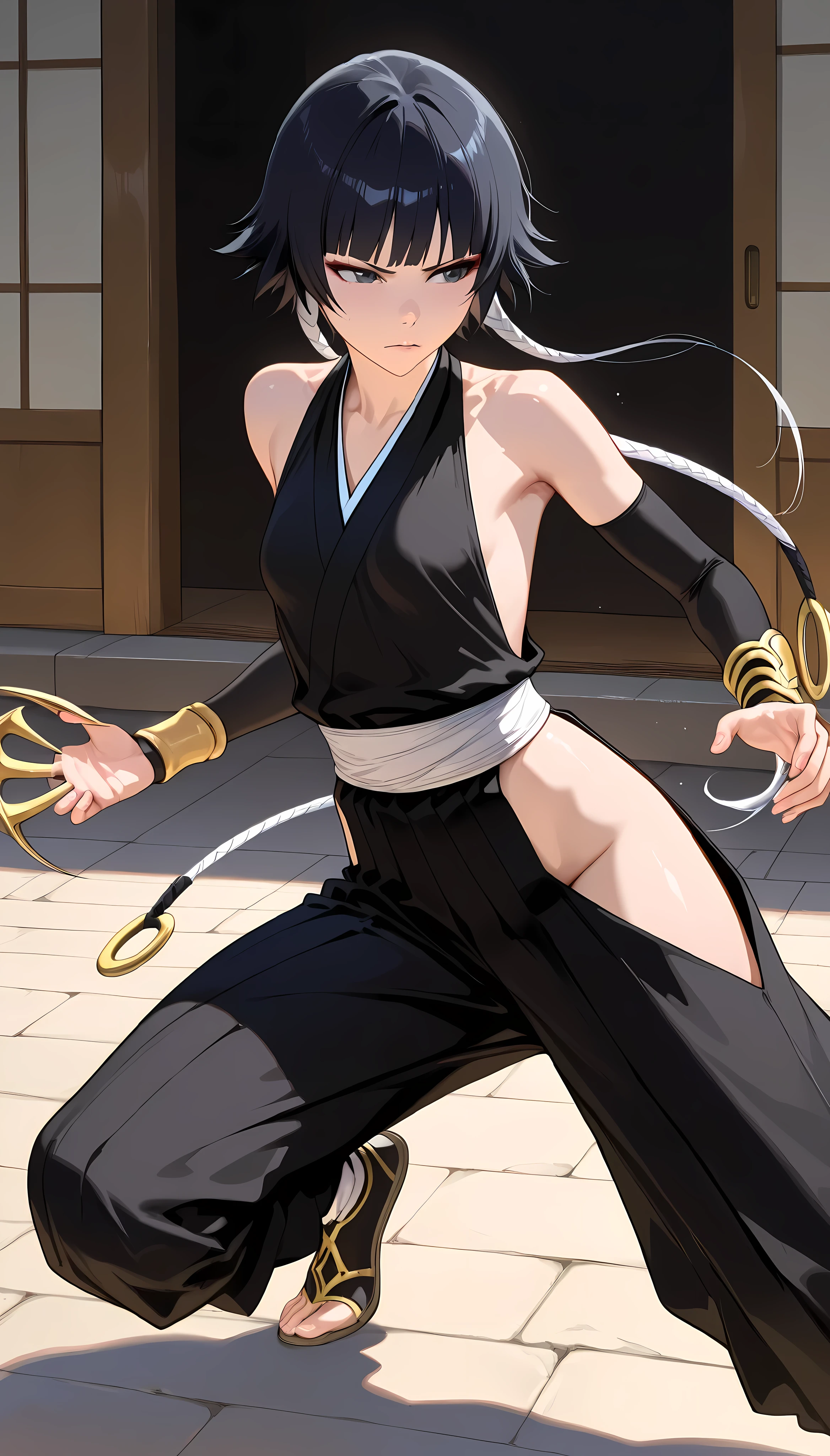 ( anime screencap: 1.1), 1girl, solo, black hair, standing, short hair with long strands, hip ventilation, wide hips, ass, short hair, small breasts, (brown eyes: 1.1), black hakama, without bra, hakama skirt, low double braids, cowboy shot, facing the viewer, looking at the viewer, smirk, bottom, crossed arms