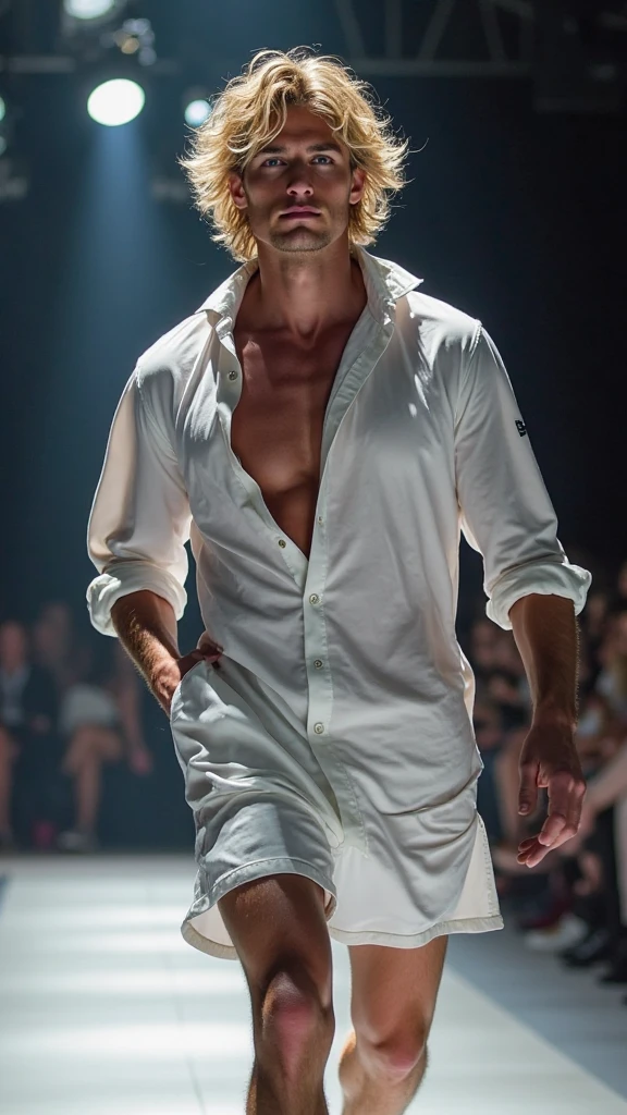 White man parading without T-shirt and white linen pants, long brown hair, beard, glasses, fashion show, Milan fashion, show, sexy and charismatic, smiling, hippie, full body, accessories