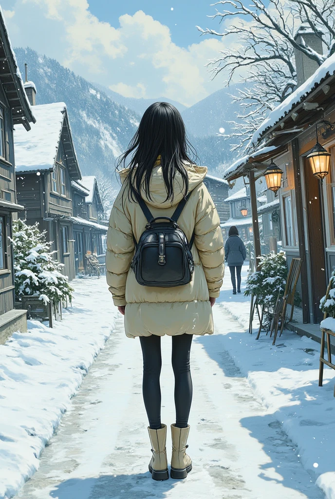 (An unparalleled masterpiece of hyper-realistic illustrations with minute details),(masterpiece, high quality, top quality, 8k, fine line drawing, highly detailed, absurd),(anatomically perfect and accurate body depiction: 1.6),(anatomically perfect and accurate fingers, hands, arms, legs and feet depiction: 1.6),(small head, small face: 1.6),1 woman. Modern art, realism fantastic, surreal emotional art, pin-up, intricate details. A quiet and beautiful (winter evening: 6) scene illustration of a young woman standing  in front of a snow-covered (French countryside train station: 6). She has long, flowing black hair and wears a fluffy beige down jacket, black leggings and beige knee-length boots. She is carrying a large black leather bag over her left shoulder. The street is lined with buildings of traditional architecture, with thick snow on their roofs. The shop fronts feature (small lonely glowing signs and decorated lanterns: 6), creating a lonely atmosphere. In the background, there are snow-capped trees and snowy mountains, giving a sense of depth and vibrancy. A soft (sunset:6) ray shines through, bringing a gentle glow to the cold air and highlighting the beautiful contrast between the warm colors of the architecture and the pure white snow. The woman's posture conveys the feeling of waiting for someone in the quiet (evening:3.5) winter scenery. The illustration perfectly captures the atmosphere of a lonely town on a cold winter's day, with a good balance of solitude and loneliness. In the distance, a blurred silhouette of a snowy mountain (sunset:6) can be seen.