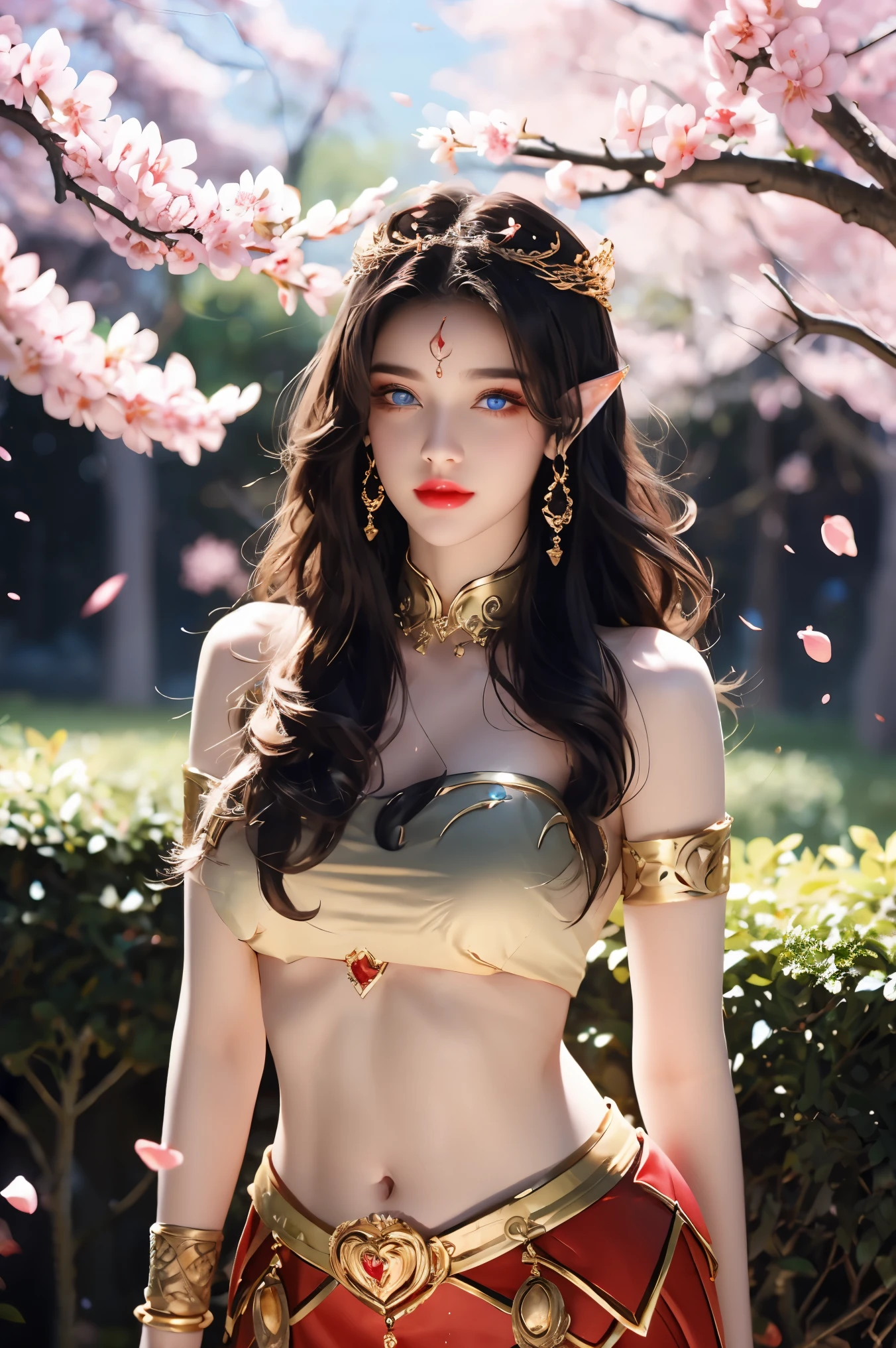 One 20 year old girl, breast 1.1, navel,upper body,bare shoulders,wears ornamental red tube top,red skirt, blue gems,shiny skin,hand in own hair,(mature female),milf, medusa, deep blue eyes, jet black long hair, 8k resolution high quality,background: around the garden surrounded by Sakura trees with fluttering sakura petals, from head to thighs, hourglass figure, bare round shoulders, exposed midriff, a tilak on her forehead,ornamental logo on her forehead, snake crown, necklace, earings with blue gem, long black hair bangs, pointy ears,golden bracelet,Bright lightening under the sun through sakura canopy. High quality 16k resolution,( HDR :1.5), cinematic look, ultra-detailed,ultra lightening, (photorealistic :1.2), long thin straight eyelashes, dense black eyelashes,sharp eyes, diamond shaped head, straight nose, closed heart shaped lips