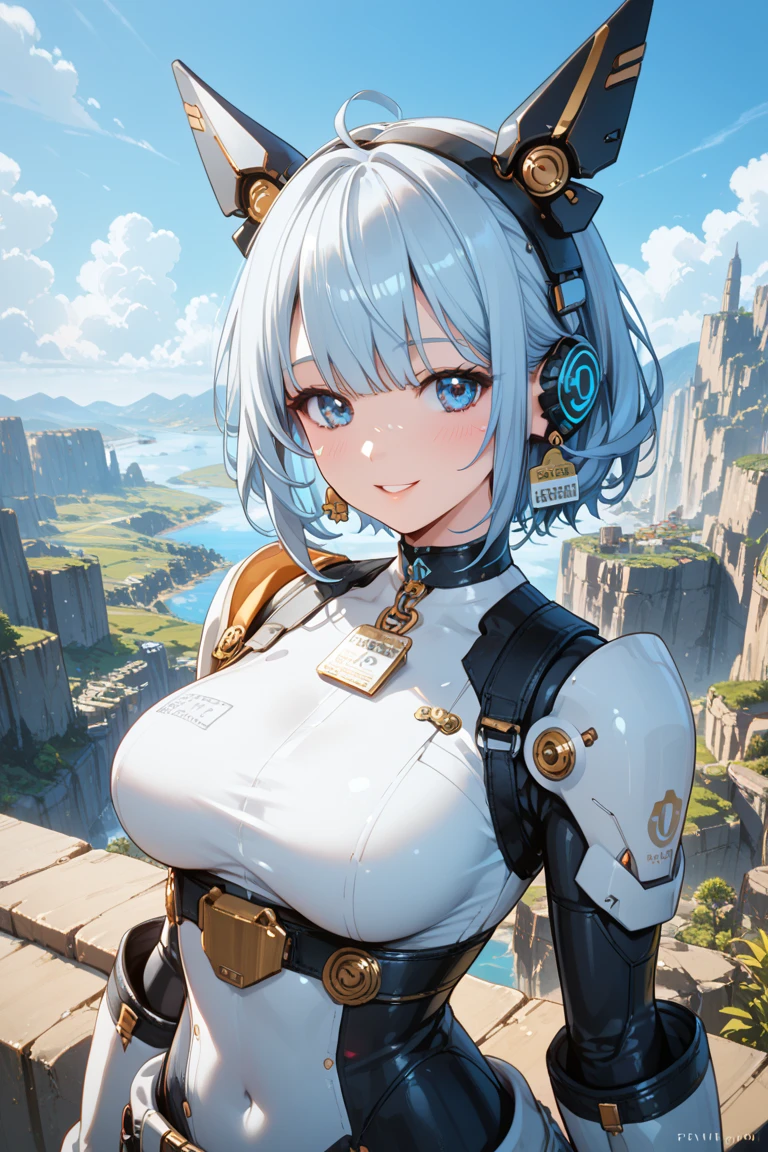 Ultra HD, Super detailed, Ultra-high resolution, anime, manga, figure,(whole body image), (((Beautiful Japanese Elf))), Shiny blue short hair, (blue eyes), Alluring red moisturized thick lips, (Erotic expressions), ((((Huge breasts)))), ((Under the chest)), ((Side bust)), Abdominal muscles, great proportion, Perfect Proportions, thin, whole body, (Hourglass body type), ((Showing cleavage)), (((Mecha Pilot Armor))), ((Background Mecha)), Professional Lighting, (Ocean Background)
