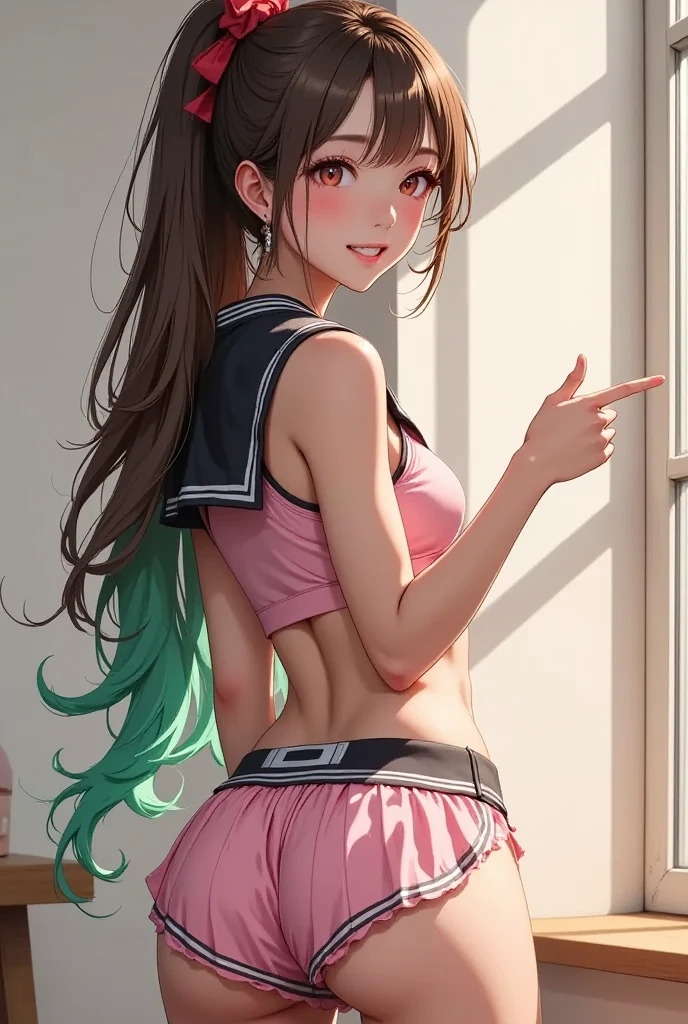 femboy curvy ass, brown hair, pigtails, teal skirt, white pantyhose, brown crop top, flat chest, bulge in crotch, sword in hand, cartoon style