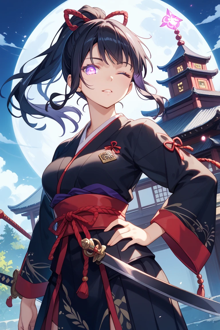 1girl in、nightcity、Sateen、Kimono without sleeves、A dark-haired、Holding a weapon with blood on it