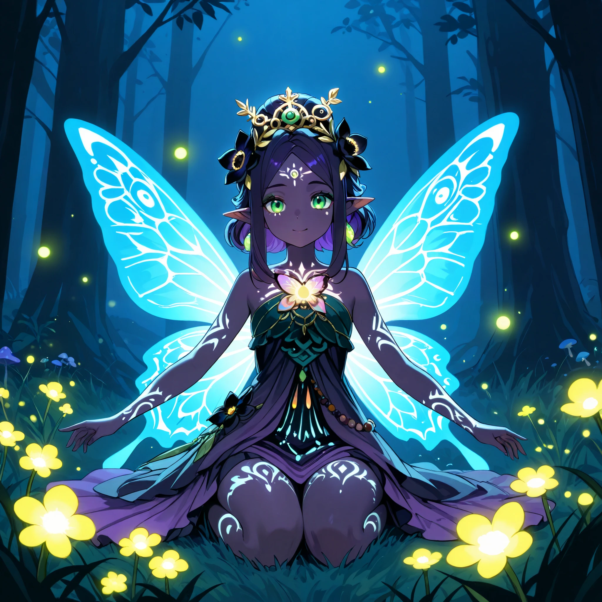 Cosmea is a dark faerie, she is a subject of the kingdom of fairies, Avalon. She lives on the edge of the Twilight Forest where it is always dusk, there are flowering trees and grass that have characteristic black and blue shades, and mushrooms and flowers have bioluminescence and are one of the few sources of light in that place, past fireflies and moonlight. Cosmea has dark purple skin with a pearl highlighter. she has luminous tattoos moon on her face arms and legs. She has long pointed ears. Cosmea has a petite asthenic physique. She has dark violet hair that is always combed back by the wind as she flies on her luminous butterfly wings all the time. She is dressed in a black floral mini dress woven from cobwebs and petals of black flowers.