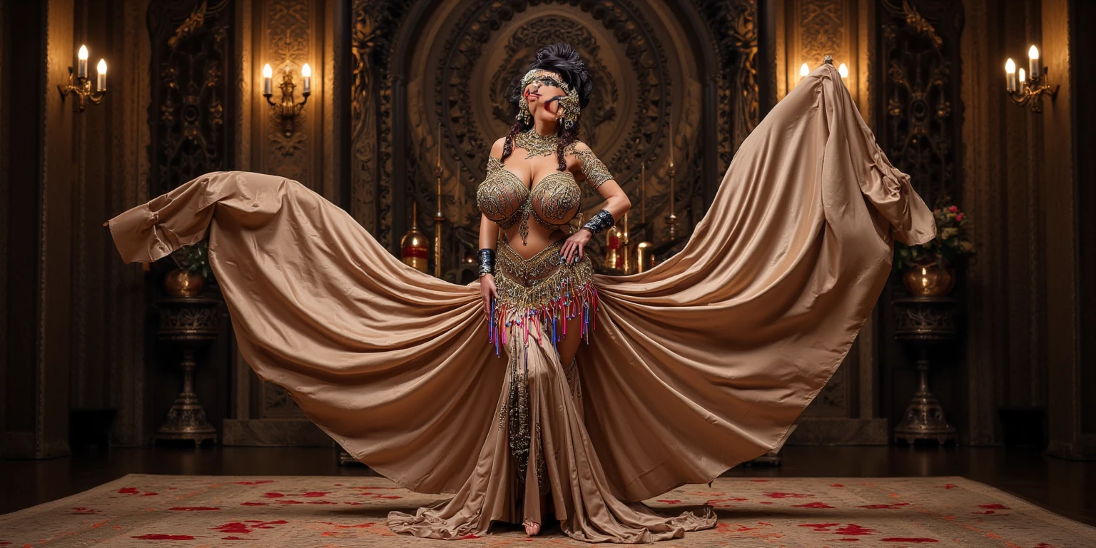 4k, high quality, nice lighting, soft lighting, realistic, dark eyes, sexy, big breasts, thick thighs, wide hips, Arabic dress, leg slit, muscular, toned, long flowing chinese dress, ornate, jewelry, sexy lady, thick hips, asian, hijab, niqab, sexy pose, showing thighs, nice body, natural largest breast