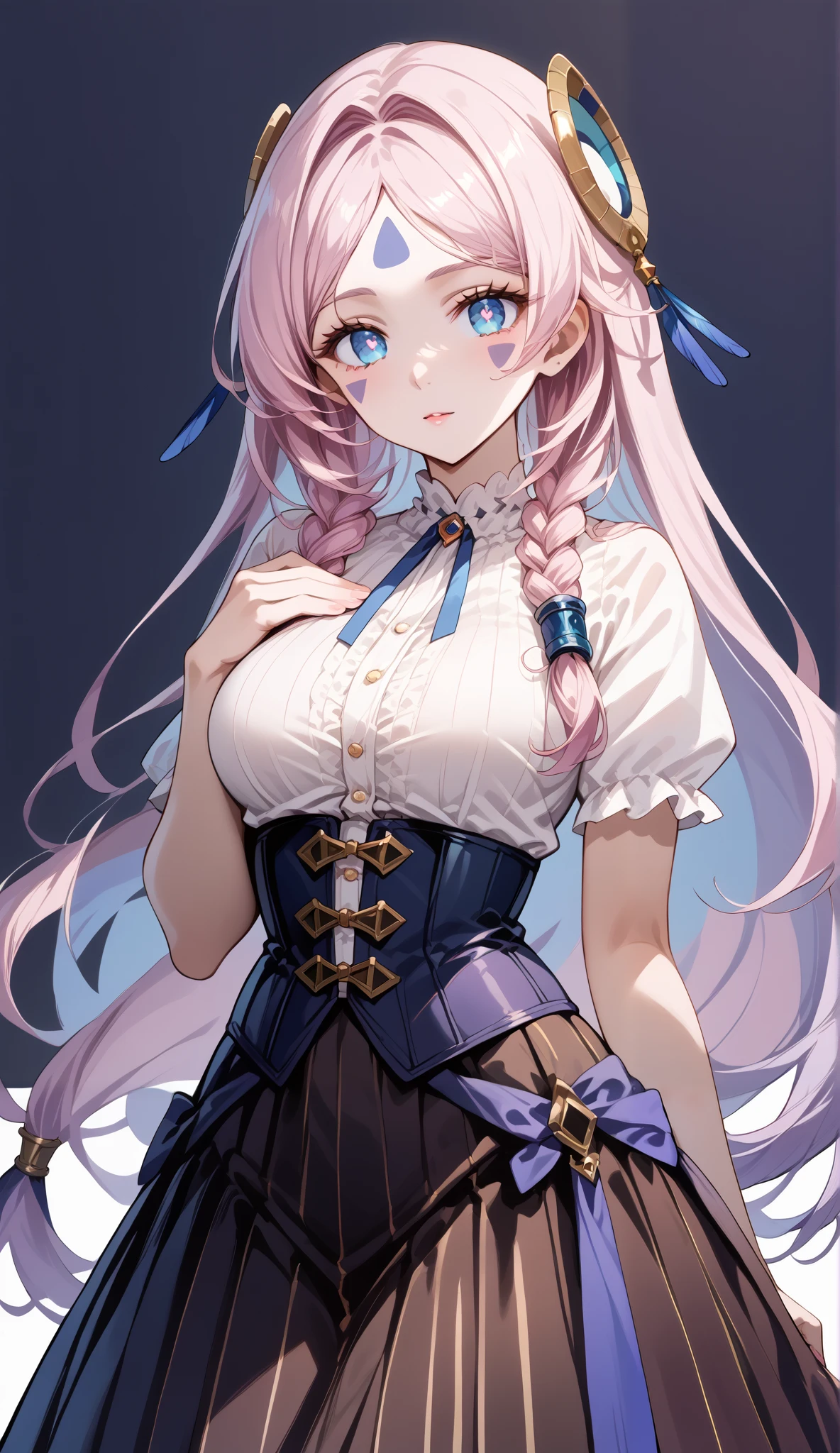 score_9, score_8_up, score_7_up, source_anime, 4K,perfect fingers,(perfect hands, perfect anatomy),prefect lighting, very aesthetic, intricate details,highly detailed background, masterpiece, high quality, best quality,
citlali, blue eyes, bright pupils, facial mark, long hair, multicolored hair, pink hair, purple hair, hair intakes, braid, twin braids, parted bangs, hair ornament,Large Breast
wearing ((light cream colored top:1.5)),((brown lace skirt:1.2)),((corset)),
((White plain background:1.5)) , She's posing with her body angled toward the viewer,her gaze directed slightly to the viewer's right,