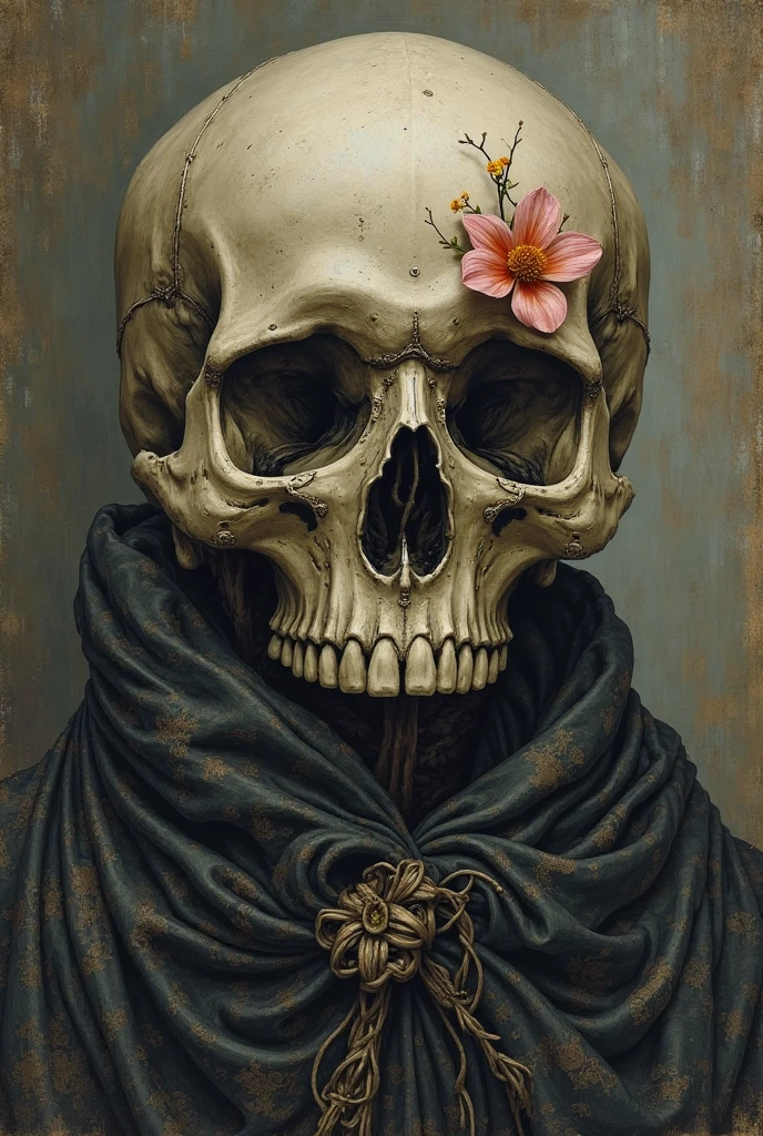 Flower branch with a skull, lowkey lighting, fundo escuro, detalhado, arte de dali, Surrealista, Pintura digital, foco nítido, 8K Artistic Station
