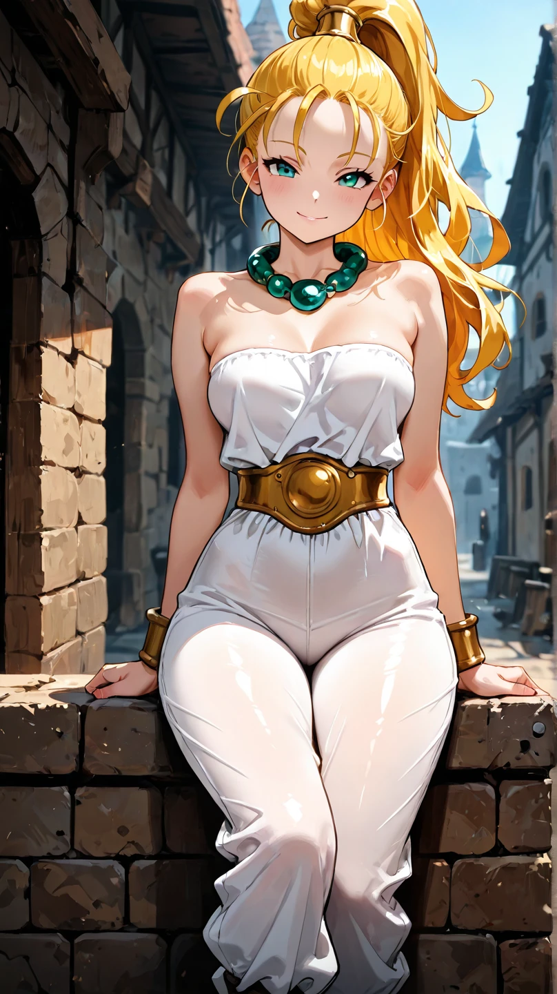RAW photo, (high detailed skin, detailed eyes:1.1), intricate details, best quality, 8k uhd, soft lighting, Vegetto, breasts, (female:1.2), 1girl, earrings, jewelry, white gloves, spiked hair, dougi, smile, blonde hair, green eyes, super saiyan, sitting