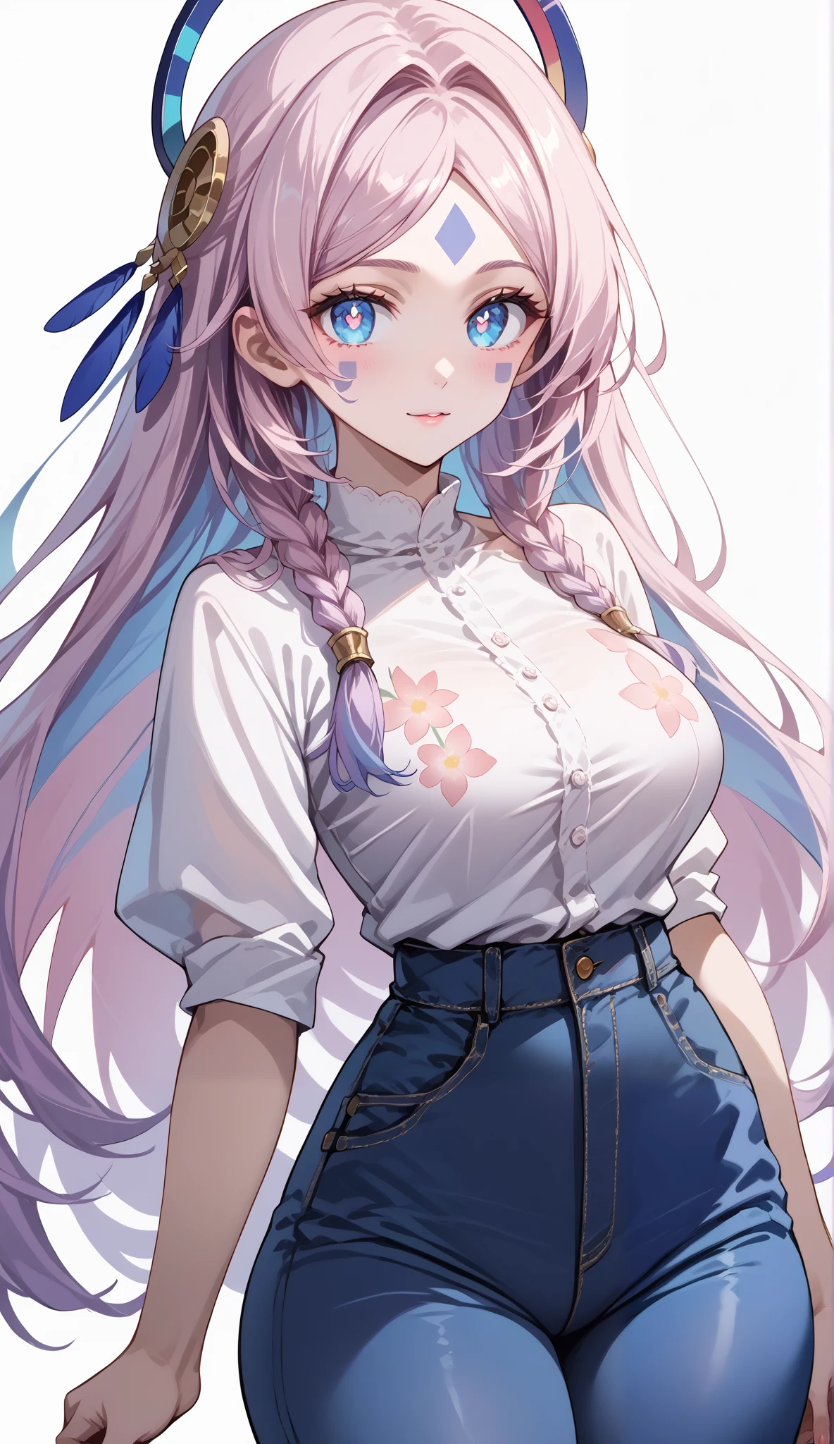 score_9, score_8_up, score_7_up, source_anime, 4K,perfect fingers,(perfect hands, perfect anatomy),prefect lighting, very aesthetic, intricate details,highly detailed background, masterpiece, high quality, best quality,
citlali, blue eyes, bright pupils, facial mark, long hair, multicolored hair, pink hair, purple hair, hair intakes, braid, twin braids, parted bangs, hair ornament,Large Breast
wearing (((pink blouse), white floral print, bare waist, tight blue jeans, )),,
((White plain background:1.5)) , She's posing with her body angled toward the viewer,her gaze directed slightly to the viewer's right,