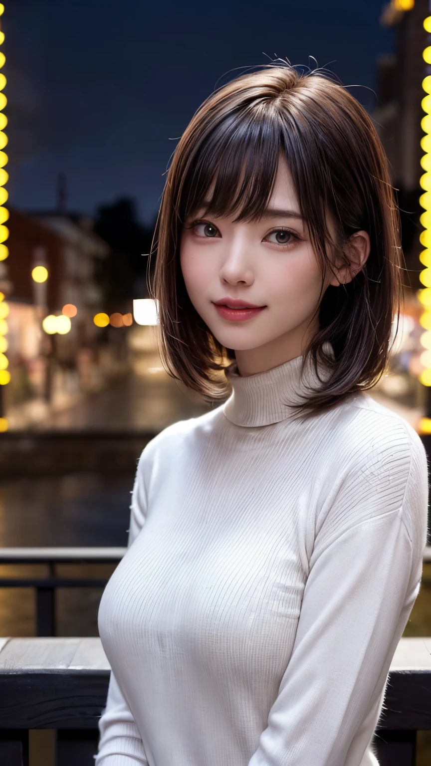 (Face Focus、Very focused、Tilt your head、chestにフォーカス、Underbust、Mid Riff Peak、hyper Realistic、Realistic、Tabletop:1.4, Highest quality:1.4、Add strong highlights to the eyes:1.4、Shiny brunette short bob hair:1.4 ),One Girl, solo, Short black hair, scarf, hat,, Realistic, Looking at the audience, Light brown eyes、 coat, Winter clothes, White headscarf, Lips, Lip gloss:1.4,Bans,Mouth closed, Upper body、Big eyes、Eyelashes、((street))、((Short hair with bangs:1.4、Big eyes、Give students a very strong highlight、{huge|big|hugeな|Mega} chest, chestの谷間、very bigger chest、Staring at the audience、Very beautiful beauty、Listen carefully、Long neck、Smile a little、Please close your mouth and laugh)))、Beautiful adult woman full of charm:1.4、(The autumn leaves are blue when there are no people or cars.々Tree-lined street)