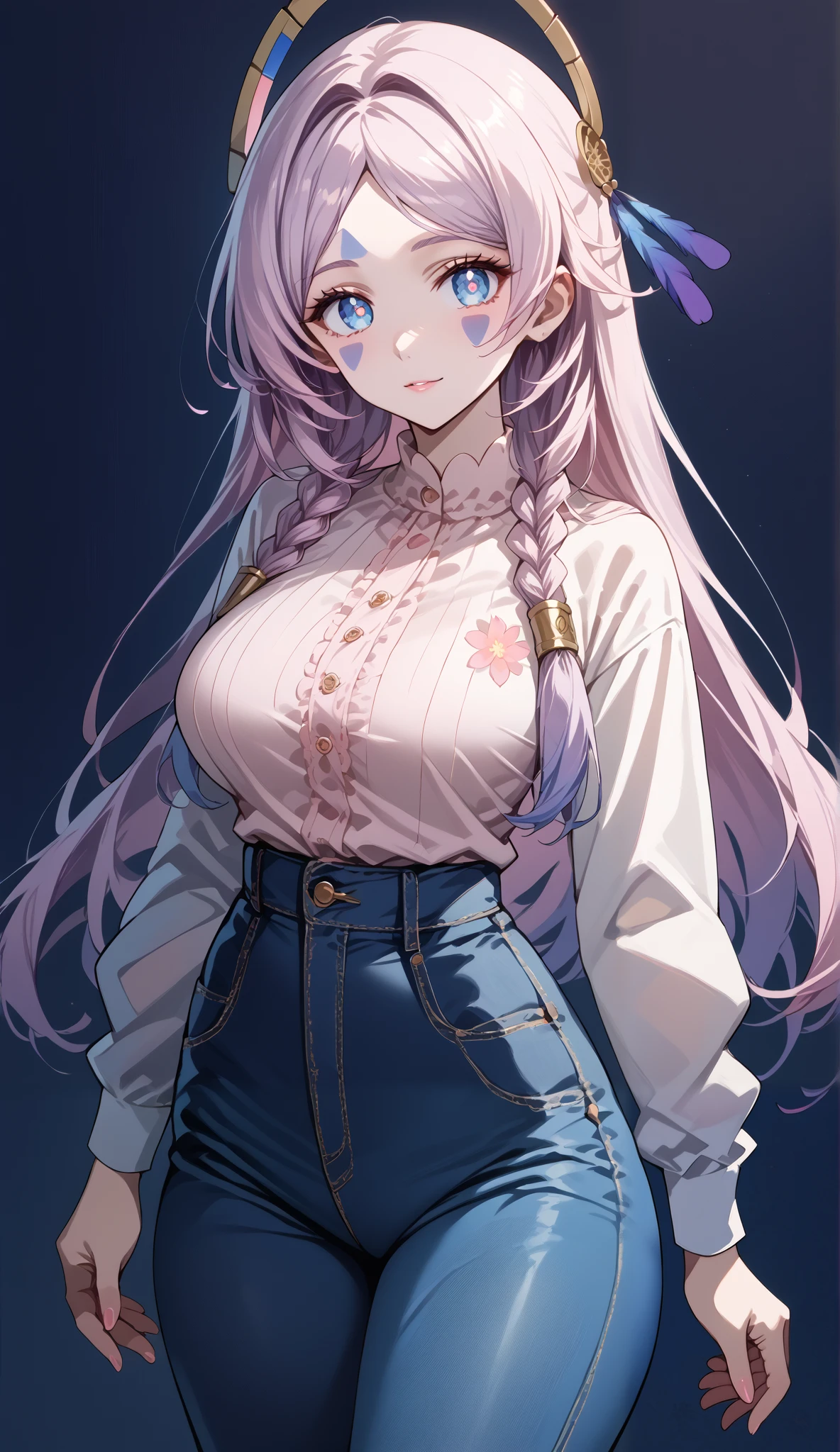 score_9, score_8_up, score_7_up, source_anime, 4K,perfect fingers,(perfect hands, perfect anatomy),prefect lighting, very aesthetic, intricate details,highly detailed background, masterpiece, high quality, best quality,
citlali, blue eyes, bright pupils, facial mark, long hair, multicolored hair, pink hair, purple hair, hair intakes, braid, twin braids, parted bangs, hair ornament,Large Breast
wearing (((pink blouse), white floral print, bare waist, tight blue jeans, )),,
((White plain background:1.5)) , She's posing with her body angled toward the viewer,her gaze directed slightly to the viewer's right,