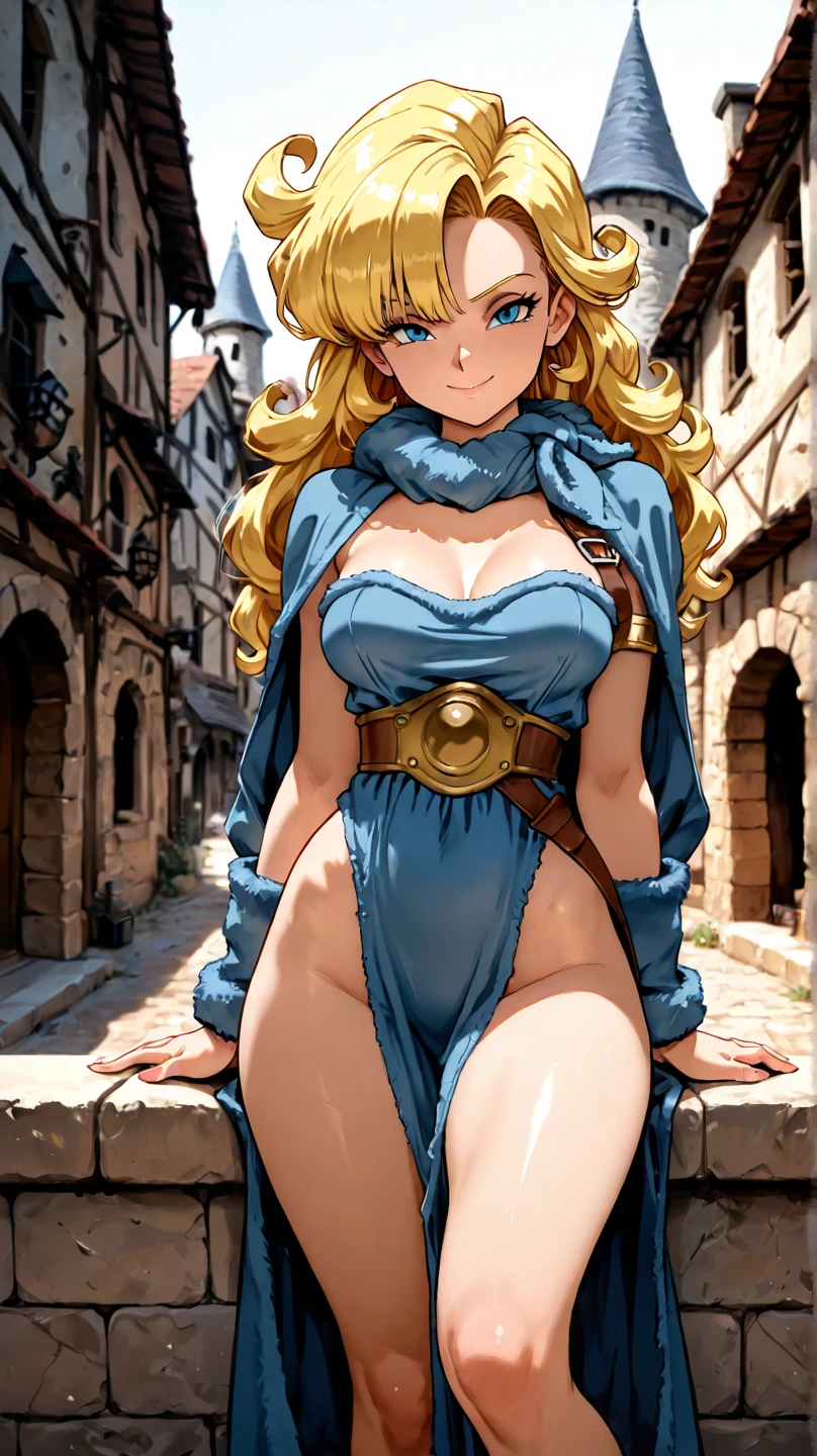A young girl with curly blonde hair, violet eyes, pale skin, pink lips, wearing the Ravenclaw uniform from the Harry Potter series, with a good view of her butt