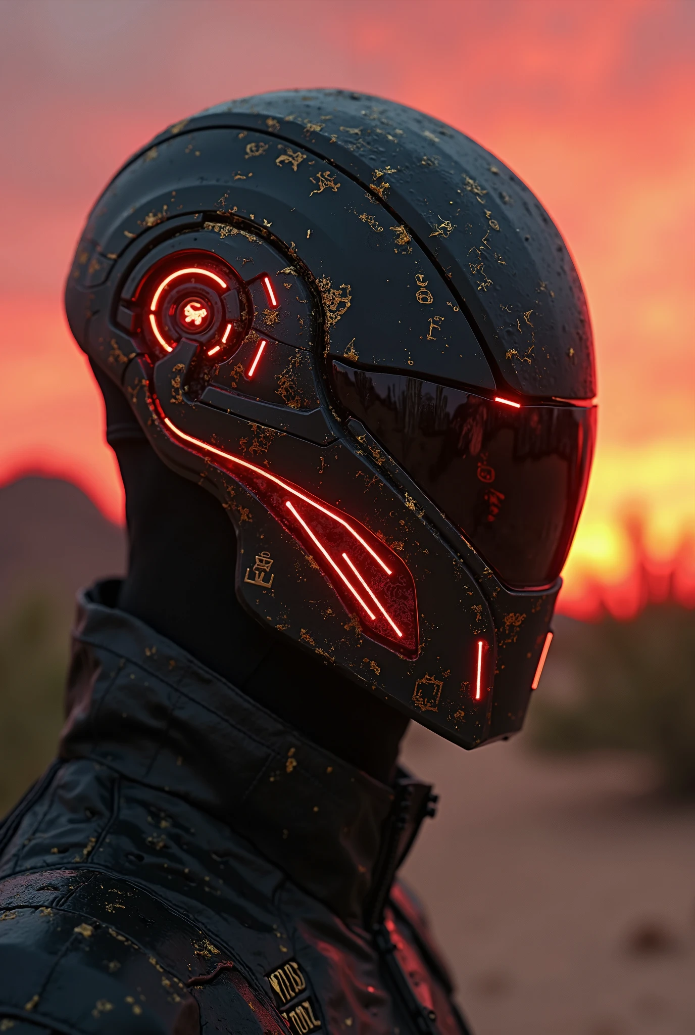 A futuristic half-face mask covering the lower jaw, matte black with a sandblasted texture, etched with faint Egyptian hieroglyphs (ankh and scarab) along the edges. Thin gold metallic veins run vertically like circuitry, glowing faintly. Embedded red neon LED strips pulse in a jagged pattern across the left cheek, casting a subtle glow. The mask is angular, sharp-edged, and desert-worn, set against a blurred Phoenix, Arizona desert backdrop at sunset—red-orange skies, cacti silhouettes, and swirling sand. Cinematic lighting, high contrast, cyberpunk meets ancient Egypt aesthetic, no corniness, raw and menacing.”