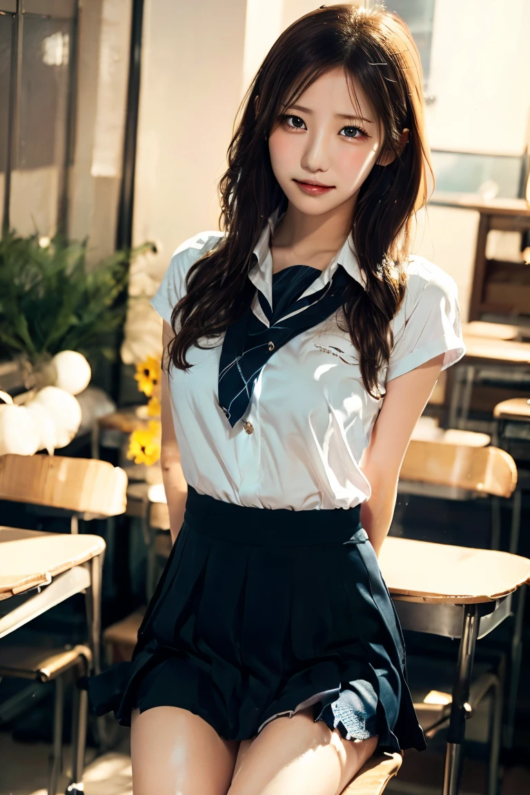top-quality、masterpiece、超A high resolution、(Photorealsitic:1.4)、Raw photo、女の子1人、Brown hair with bangs、drooing eyes、thin-waist、Colossal tits、Japan schoolgirl sailor suit、Black skirt、Inside the classroom、slim figure、Light smile with visible teeth