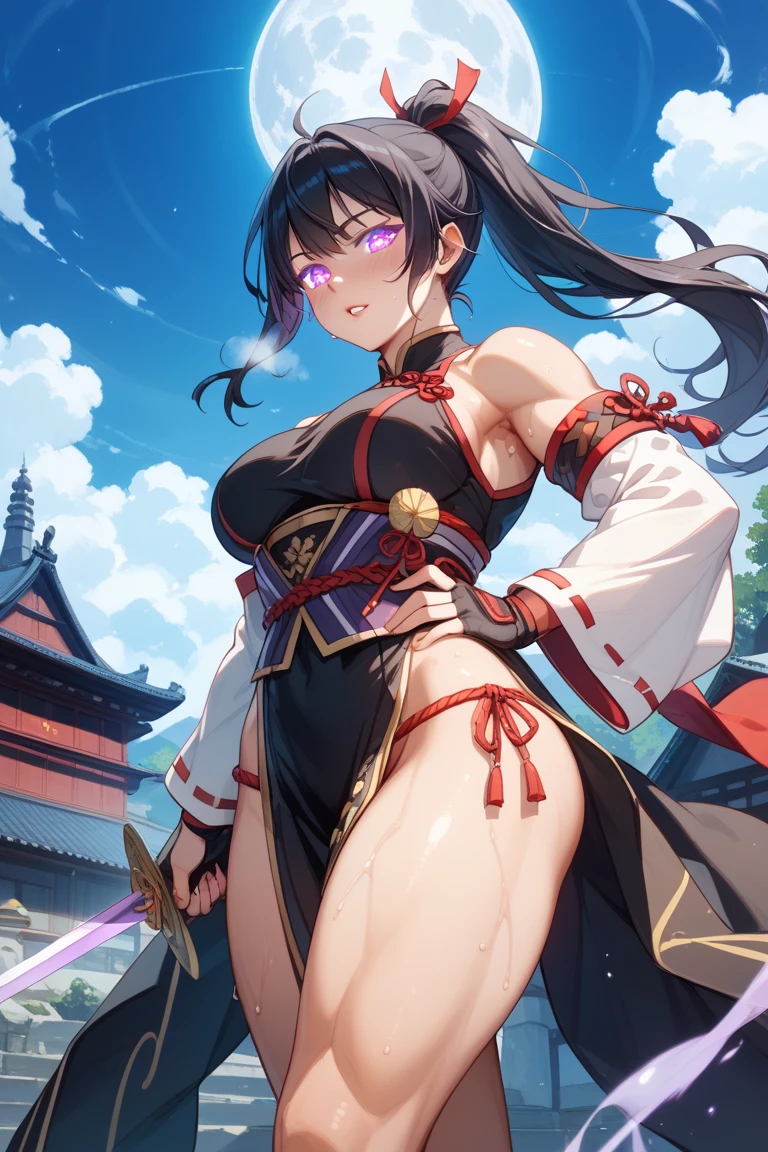 master-piece,hyper quality, hyper detailed,perfect drawing,CG,3D,8k,illustration,beautiful face girl,one beautiful girl, samurai costume, black hair, ponytail, big red ribbon, kimono, obi sword, tachi, wakizashi, double point, hakama, Japan armor, hanging eyes but cute, dignifiedCute expression, cute smile, hand on sword handle, loli big, round cute buttocks, looking back with a smile, butt sticking out pose, 3 sizes B90W60H95, moonlight leaking through the clouds, old castle, ruins, gradient sky
Canceled due to timeout Beautiful girl in a loincloth Japanese clothes Lower body exposed Rich breasts Back appearance Cute Well-formed face Loli big breasts Buttocks Looking back with a cute smile Tsukishita beauty