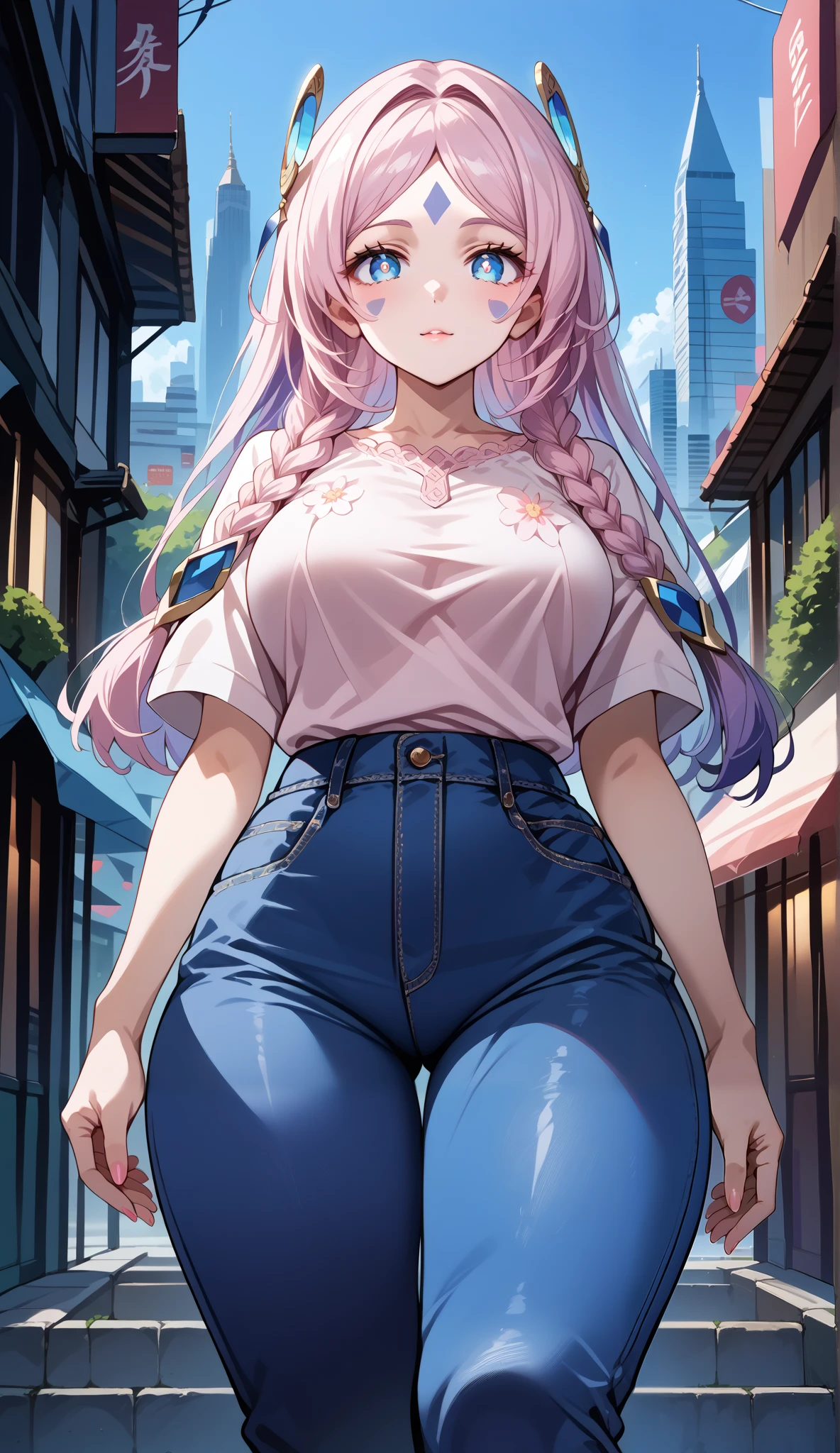 score_9, score_8_up, score_7_up, source_anime, 4K,perfect fingers,(perfect hands, perfect anatomy),prefect lighting, very aesthetic, intricate details,highly detailed background, masterpiece, high quality, best quality,
citlali, blue eyes, bright pupils, facial mark, long hair, multicolored hair, pink hair, purple hair, hair intakes, braid, twin braids, parted bangs, hair ornament,Large Breast
wearing (((pink blouse), white floral print, bare waist, tight blue jeans, )),,
outdoors, city, walking, looking at viewer, (from below),