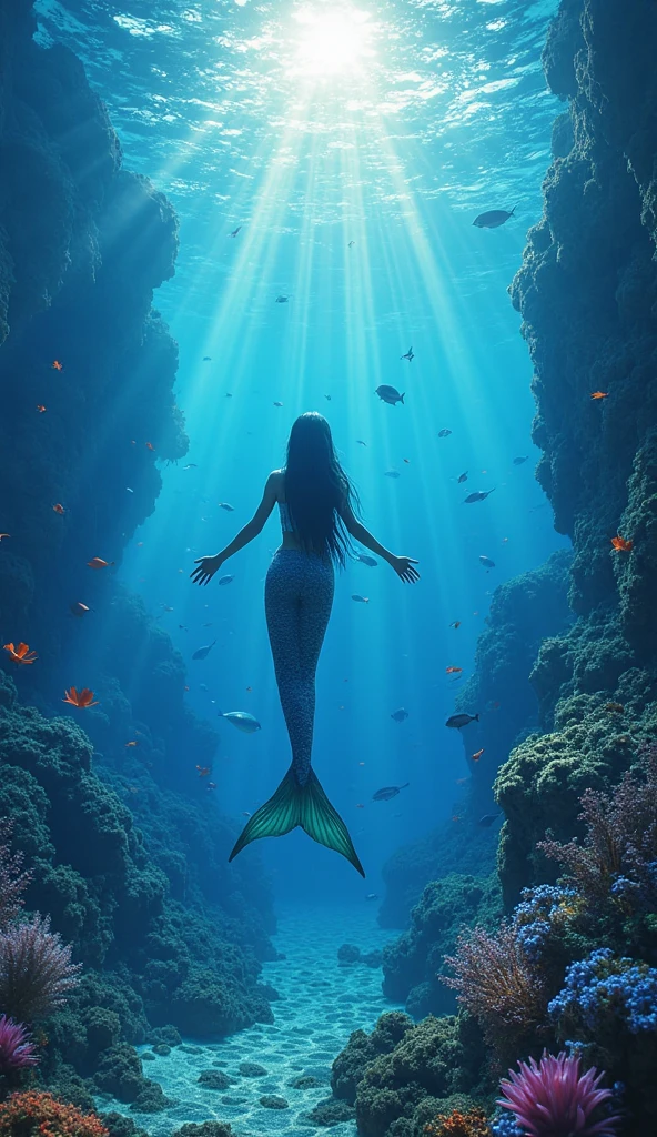 An underwater view of a vibrant marine kingdom, full of colorful corals, Sea plants and a curious mermaid watching a glass mirage.