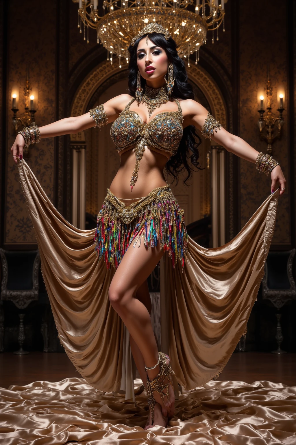 Pure erotic photography，A perfect masterpiece，Best quality，Ultra-high resolution,，angle,，Professional lighting, ，Perfect focus，Realistically，Ultra-high resolution织物纹理，Persian Dancer，Supermodel figure，Golden ratio body shape，University of Kili、Golden Body,Realistic perfect body，Painted gold all over，The whole body is covered with realistic gold leaf paint，Glowing skin，Golden Goddess, Glittering body,Flawless goddess face，Beautiful eyebrows and eyelashes，Sexy red lips，Perfect Lip Shape，Clear skin texture，Wet skin，8k eye details，8K Primary School Students（Advanced facial details：1.1）Light blond long hair，Light blond long hair，Clear hair，Careful hair texture（High-quality hair details：1.1）Gorgeous Deep V Neck Loose Dress Red Gorgeous Dance Dress，Sexy and stylish clothing，Belly dance costumes，Wide open neckline、Gorgeous and charming chest protection clothing set）Grand Prize Accessories、Gold earrings、Golden necklace、Gold Bracelet、Gold anklet、indoor,Persian Palace，Room with Persian decoration， Golden Noble Room, Brilliant light, Gold interior, Gold and Silver Treasure Painting, Bright red serious full body photo， Woman gold leaf lacquer art photo，Persian Dancer，High quality work，Fascinating works of art
