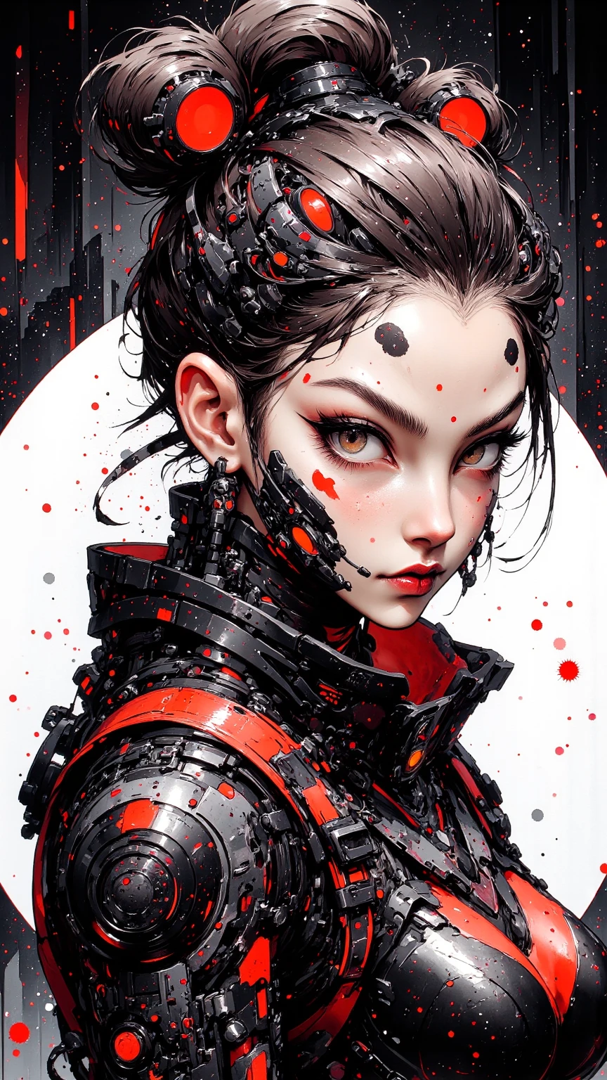 a digital painting of a woman with black and white makeup, cyberpunk art by Anna Dittmann, cgsociety, gothic art, dystopian art, detailed painting, behance hd, deep photography, Ilford HP5 film, crushed blacks, depth of field, dark photo, film grain, shadows, natural light, orange eyes.