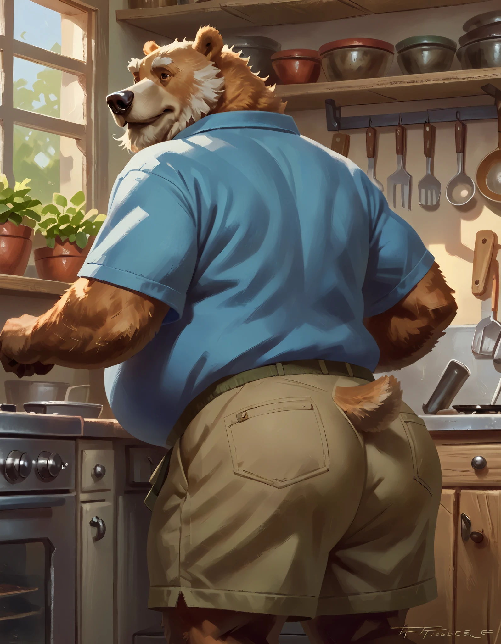 (by Taran Fiddler), (by Anhes), (by bontiage), bear, semi-feral, male, old, mature, elderly, overweight, thick thighs, wide hips, bubble butt, khaki shorts, streaching clothes, presenting hindquarters, blue shirt, mustache, bushy eyebrows, facial hair, bear tail, cozy kitchen, warm sunlight, sweet smile, raised tail