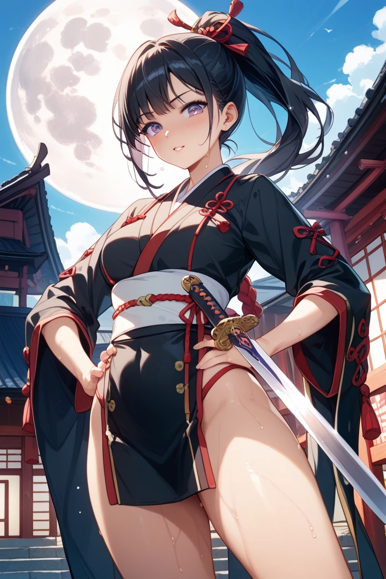 master-piece,hyper quality, hyper detailed,perfect drawing,CG,3D,8k,illustration,beautiful face girl,one beautiful girl, samurai costume, black hair, ponytail, big red ribbon, kimono, obi sword, tachi, wakizashi, double point, hakama, Japan armor, hanging eyes but cute, dignifiedCute expression, cute smile, hand on sword handle, loli big, round cute buttocks, looking back with a smile, butt sticking out pose, 3 sizes B90W60H95, moonlight leaking through the clouds, old castle, ruins, gradient sky
Canceled due to timeout Beautiful girl in a loincloth Japanese clothes Lower body exposed Rich breasts Back appearance Cute Well-formed face Loli big breasts Buttocks Looking back with a cute smile Tsukishita beauty