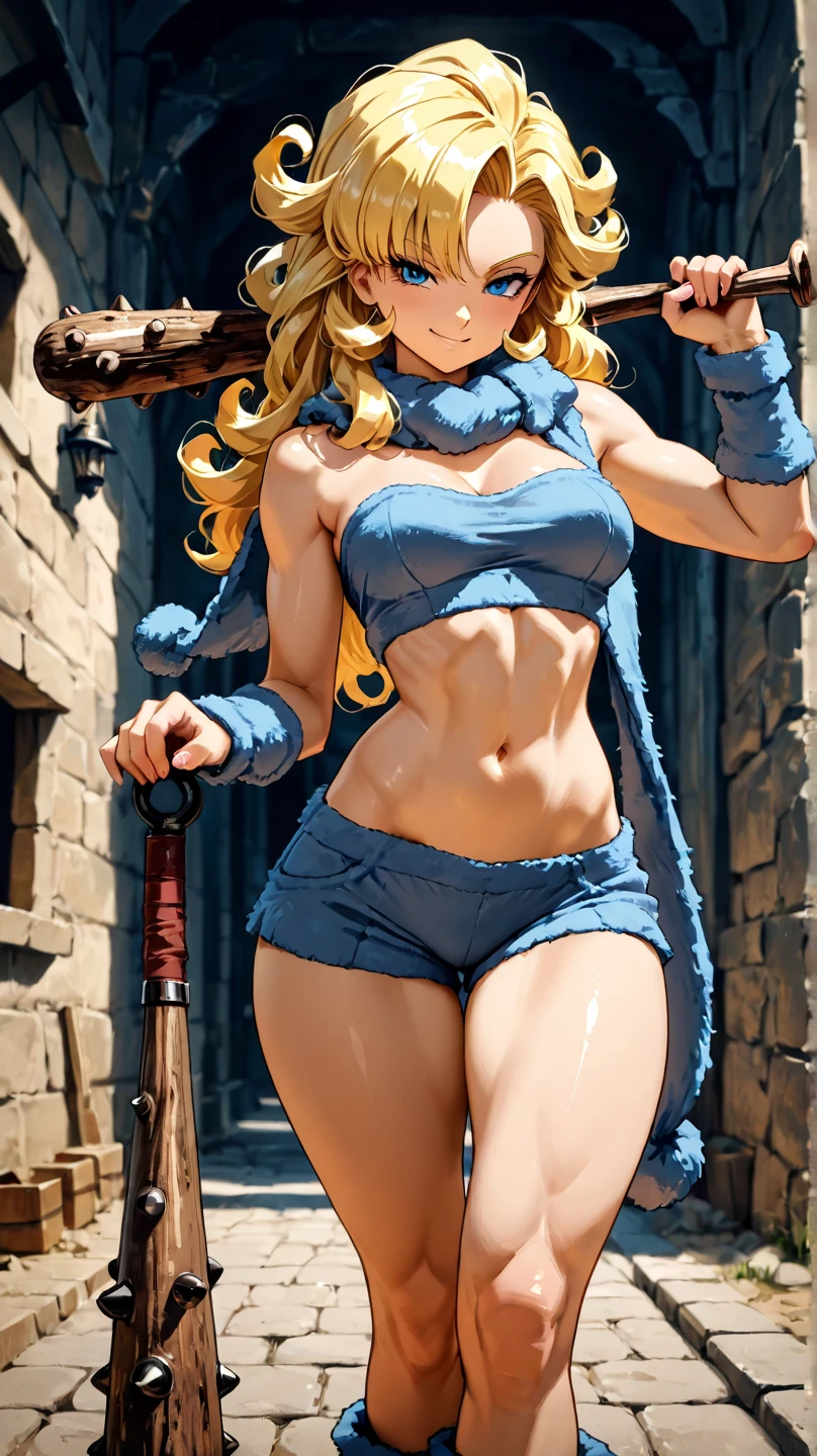 1girl, full body, long curly blonde hair, gloves, little smile, torn clothes, tiara, panty, over the knee boots
