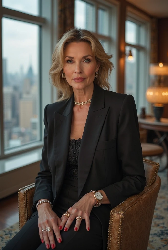 Create a sophisticated and elegant photo of Clara Voss, a 60 year old woman, in a setting that reflects its authority and leadership role in the world of fashion and journalism. L’arrière-plan doit être composé de couvertures de magazines pour souligner son influence dans l'industrie.