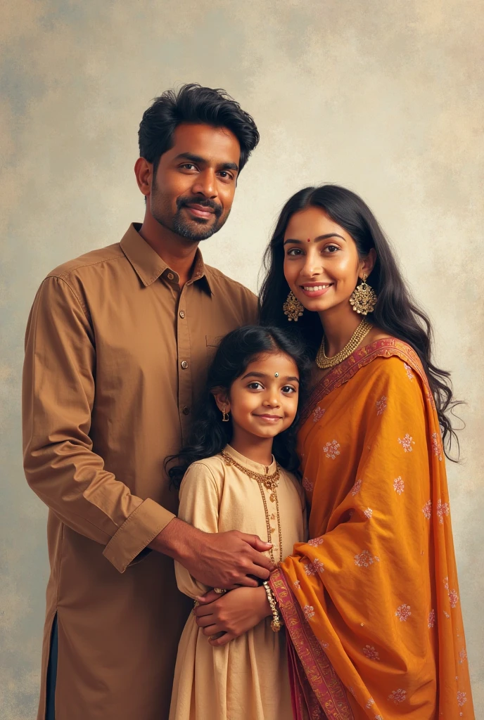 A power couple with 5 year old son in man's arm and 6 month old daughter in women's arm indian couple and girl also dressed 
