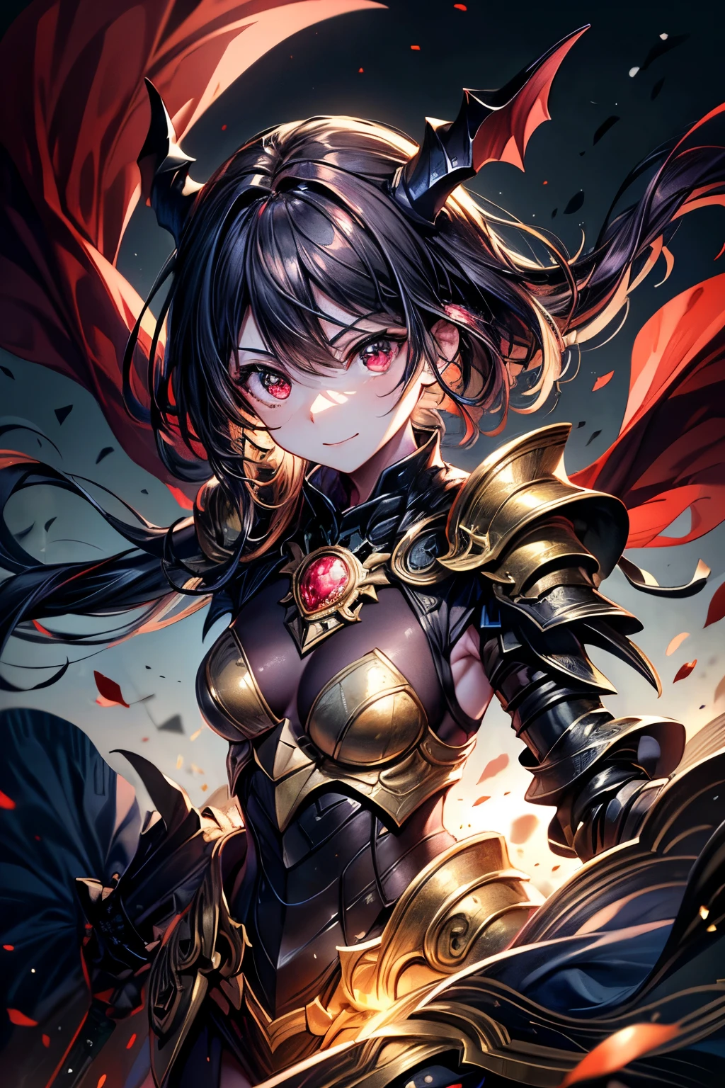 masterpiece, best quality, extremely detailed, high resolution, Japanese anime,1girl, black hair, (short length hair:1.4), (blunt bangs:1.5), side braid hair, wavy hair, curl outward hair, (huge breast:1.8), (mechanical horn:1.5), mechanical wing, (red eyes:1.5), (beautiful detailed eyes:1.4), laugh, wink, 130cm tall, original character, fantasy, (black background:1.2), dy, beautiful fingers, standing, (Blue gold lace frill Gothic armor dress:1.5), (tiara:1.5) , sho ot from front, looking at viewer